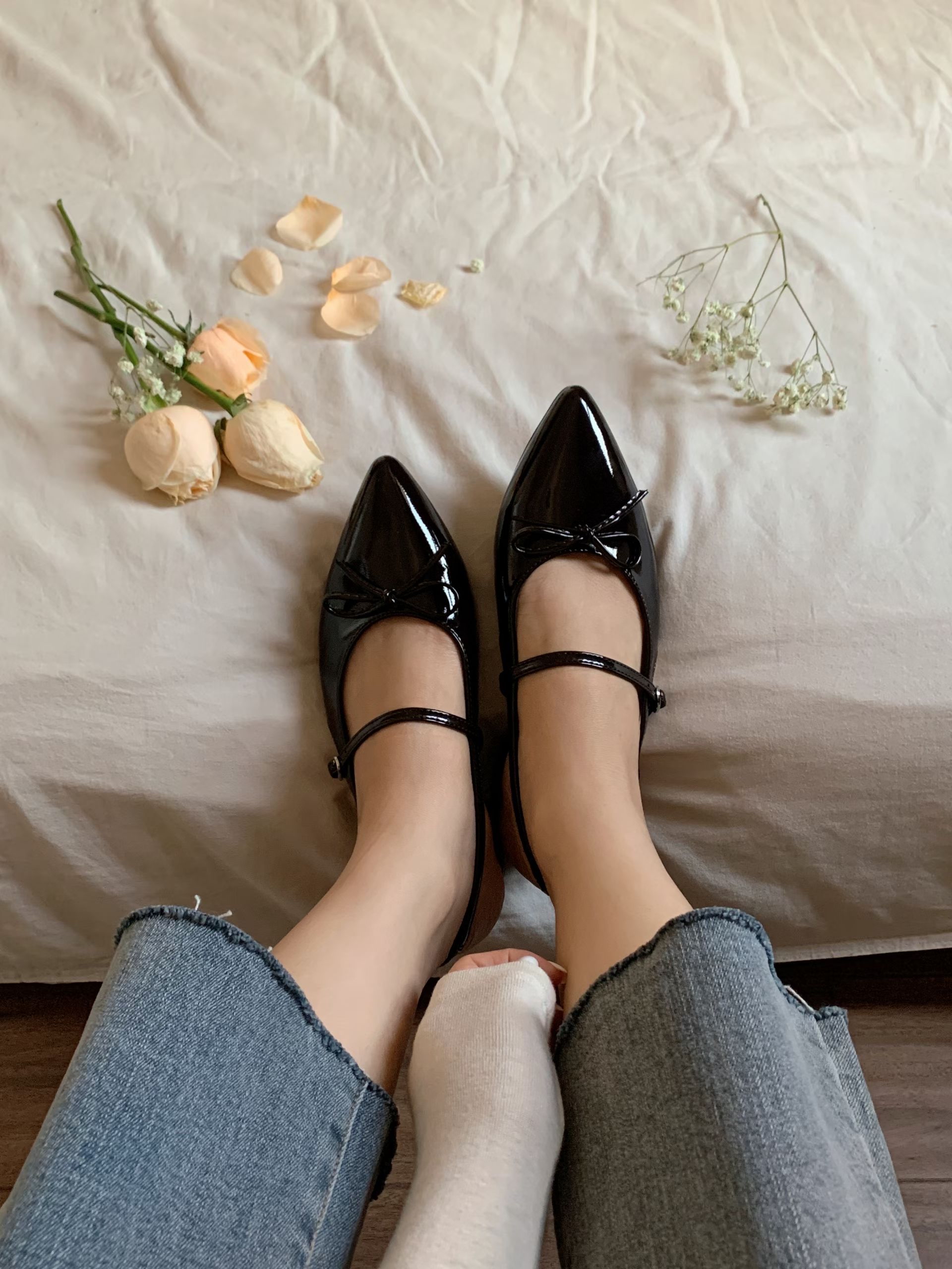 AS2902 蝴蝶結幼帶尖頭平底鞋