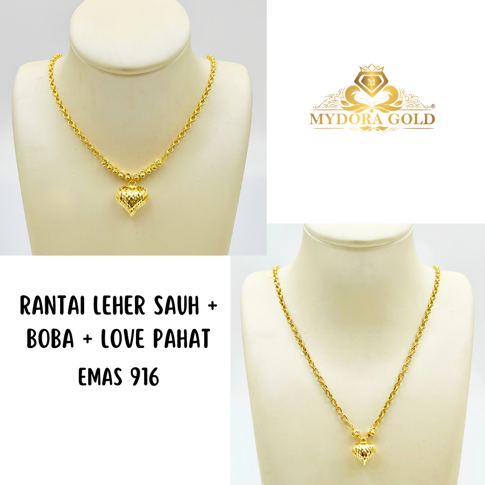MYDORA Rantai Leher Sauh + Boba + Love Pahat l EMAS 916/22K