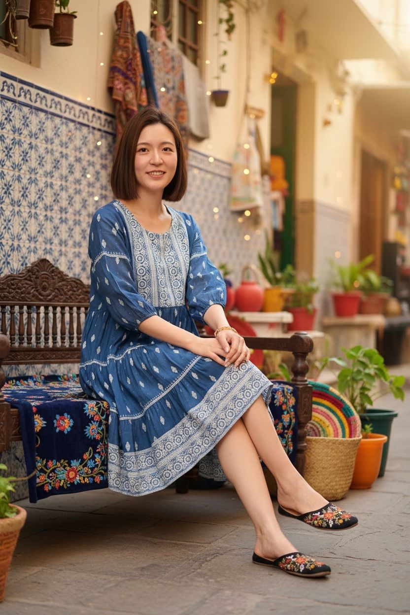 Navy Blue with White Mandala X Lace Print Short OP 38" #1356