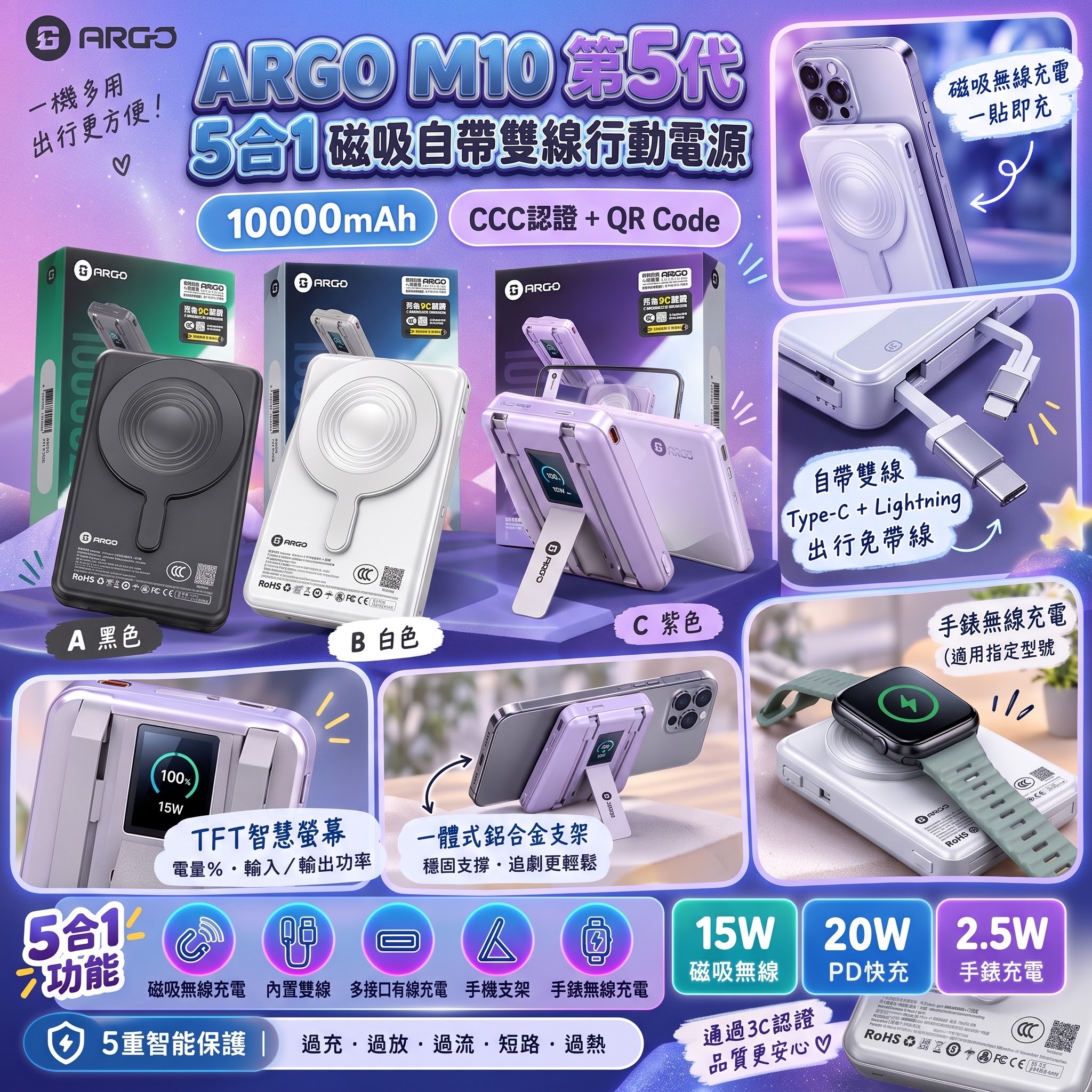 ARGO M10 第5代｜5合1磁吸自帶雙線行動電源 10000mAh