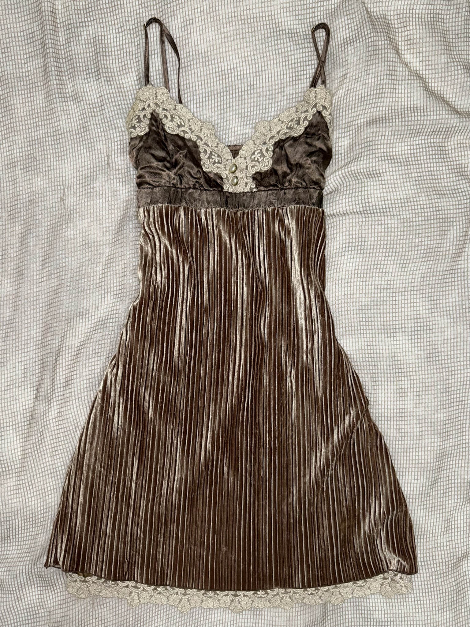 Antique Bronze Lace-Trimmed Velvet Dress