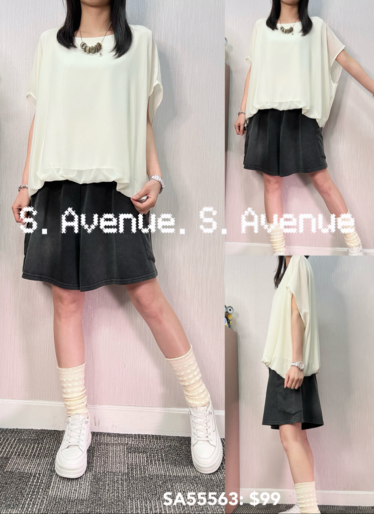 SA55563: 短袖假兩件雪紡蝙蝠top