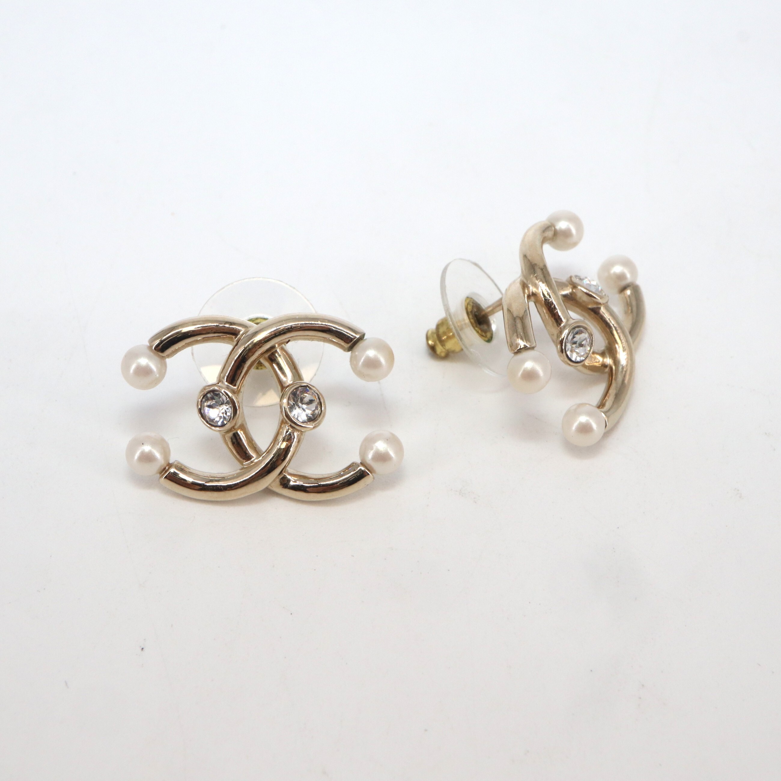 Chanel Coco Mark Rhinestone Faux Pearl Piercing Earrings