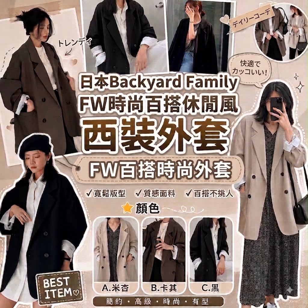 【預訂】日本 Backyard Family 時尚百搭休閒風西裝外套