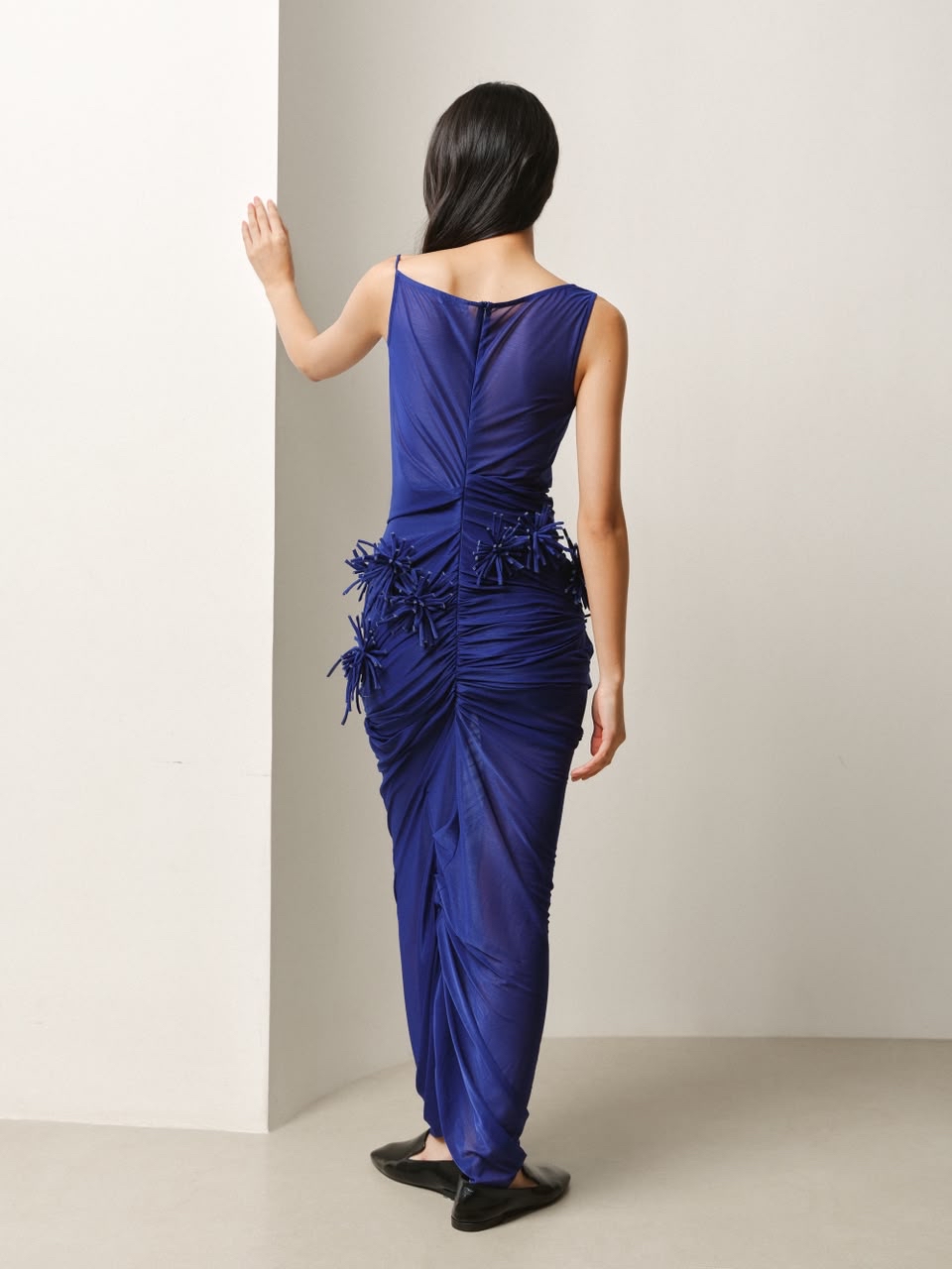 Draped Pom-Pom Sheer Dress