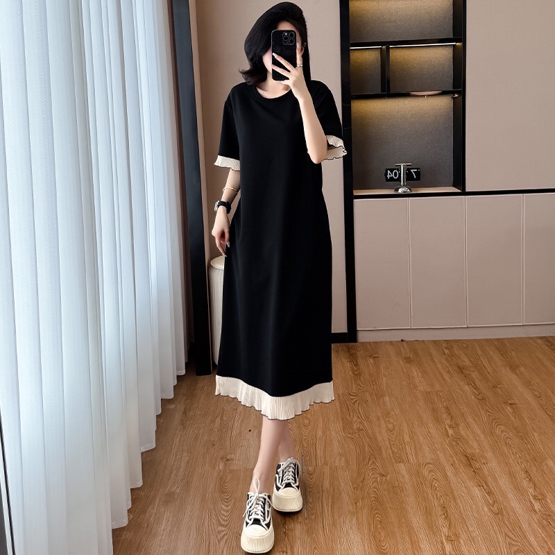 B328(9025) 韩版小香风轻奢拼接杏撞色细百褶花边袖与下摆黑连身裙