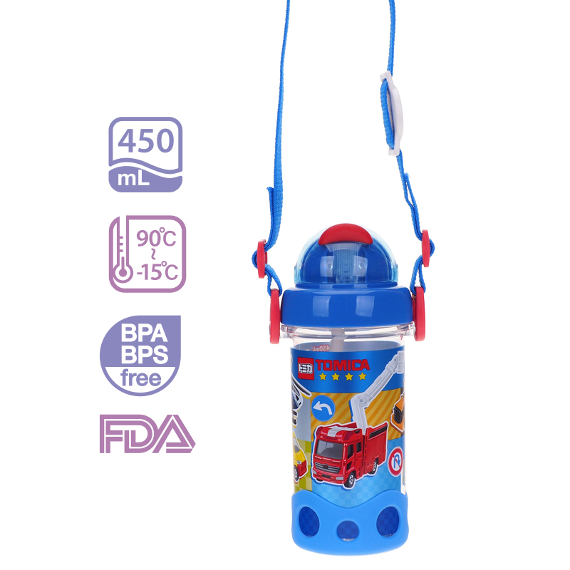 Tomica 450ml BPA & BPS Free Water Bottle w/ Straw & Neck Strap 膠水樽連飲管及頸繩