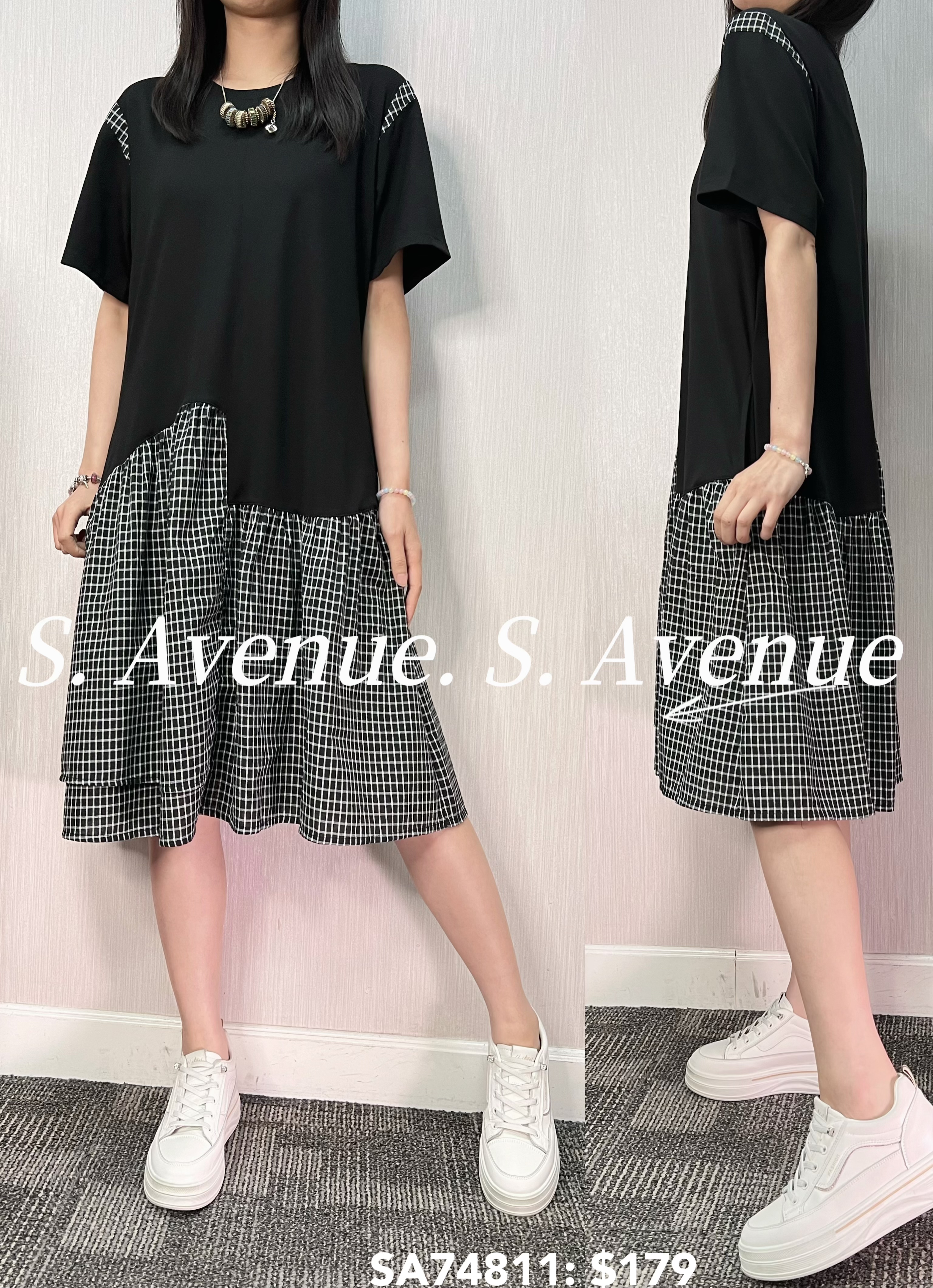 SA74811: 短袖拼格仔ruffle öp