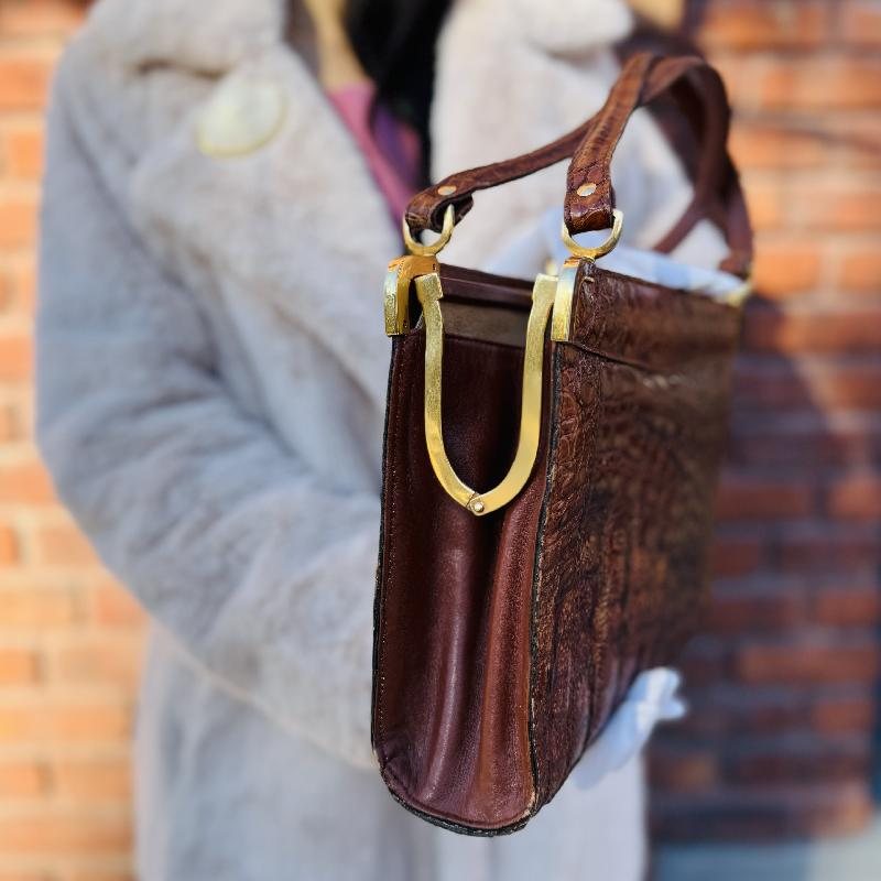 C.a. 1950s Brown Crocodile / Alligator Leather Bag from Paris (MT2258)