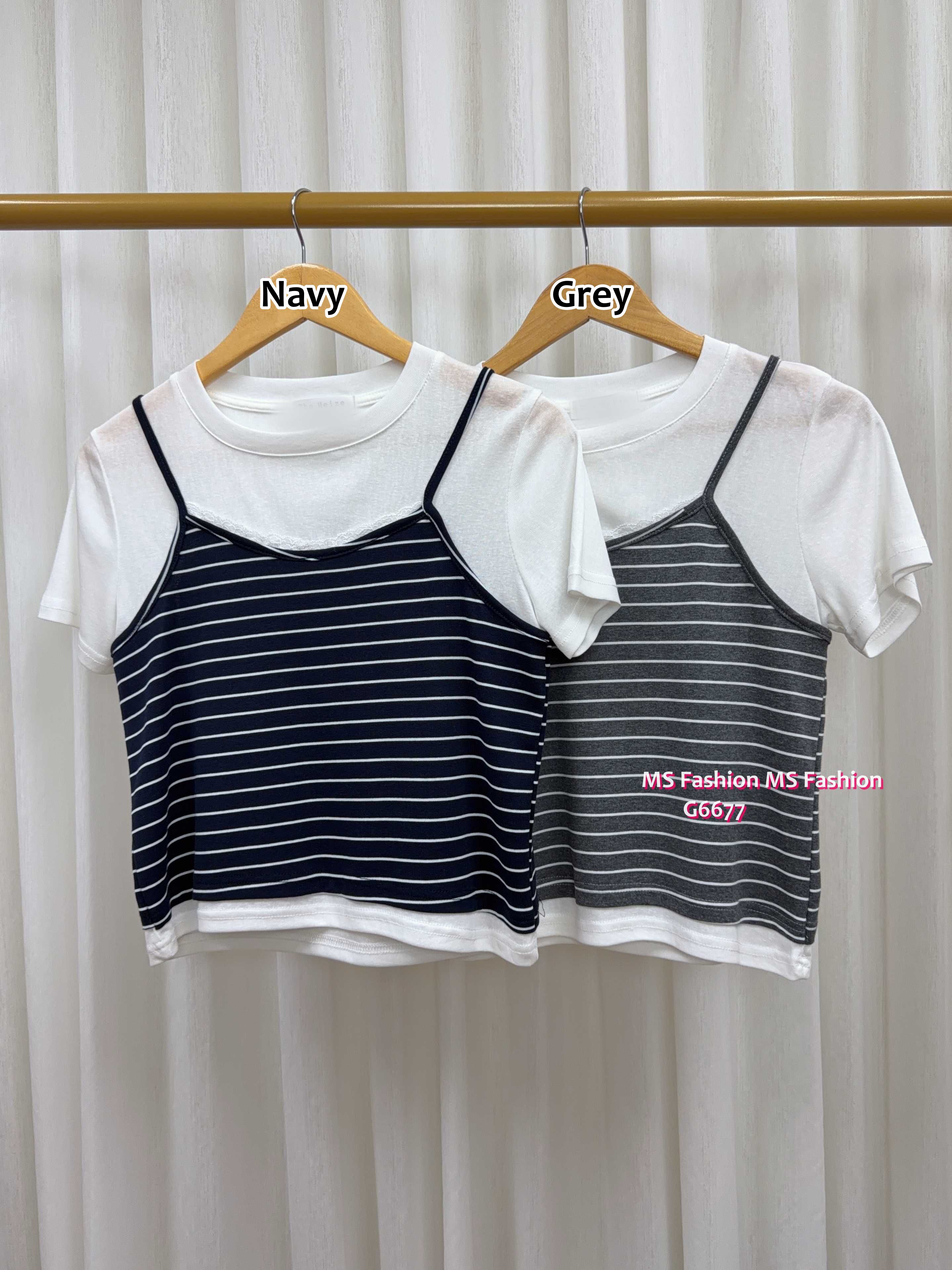 G6677 橫間假兩件top