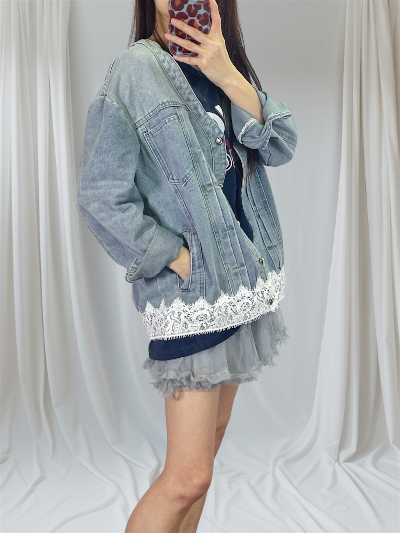 K5558 洗水牛仔衫腳拼lace外套