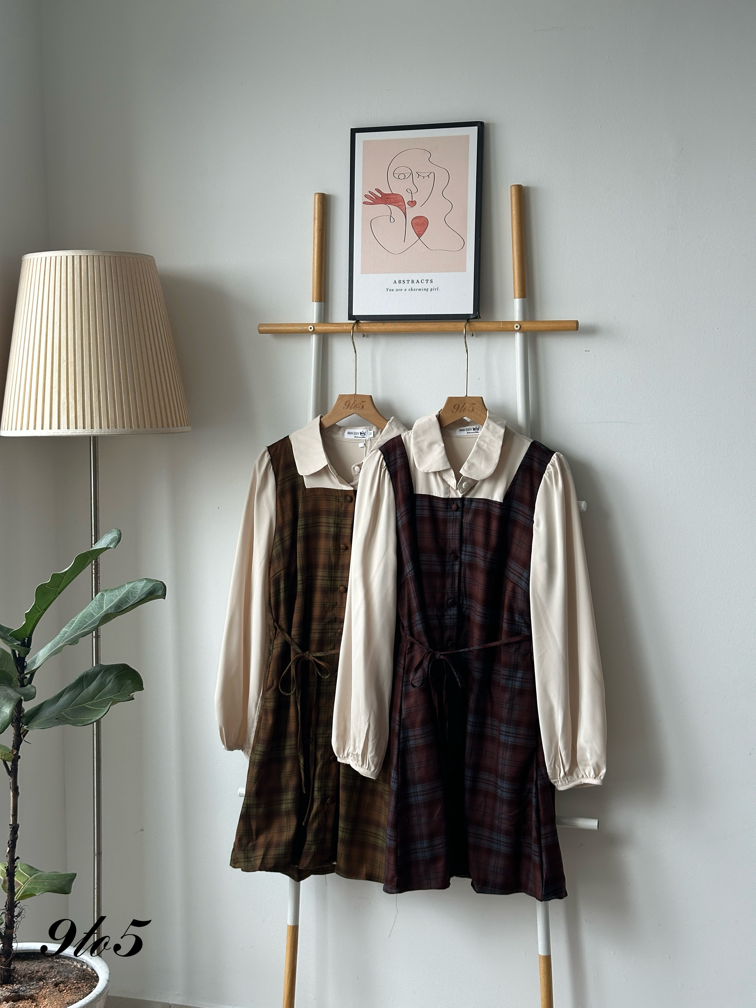 D2340 Fake Two-Piece Checker Dress - Chesnut & Olive