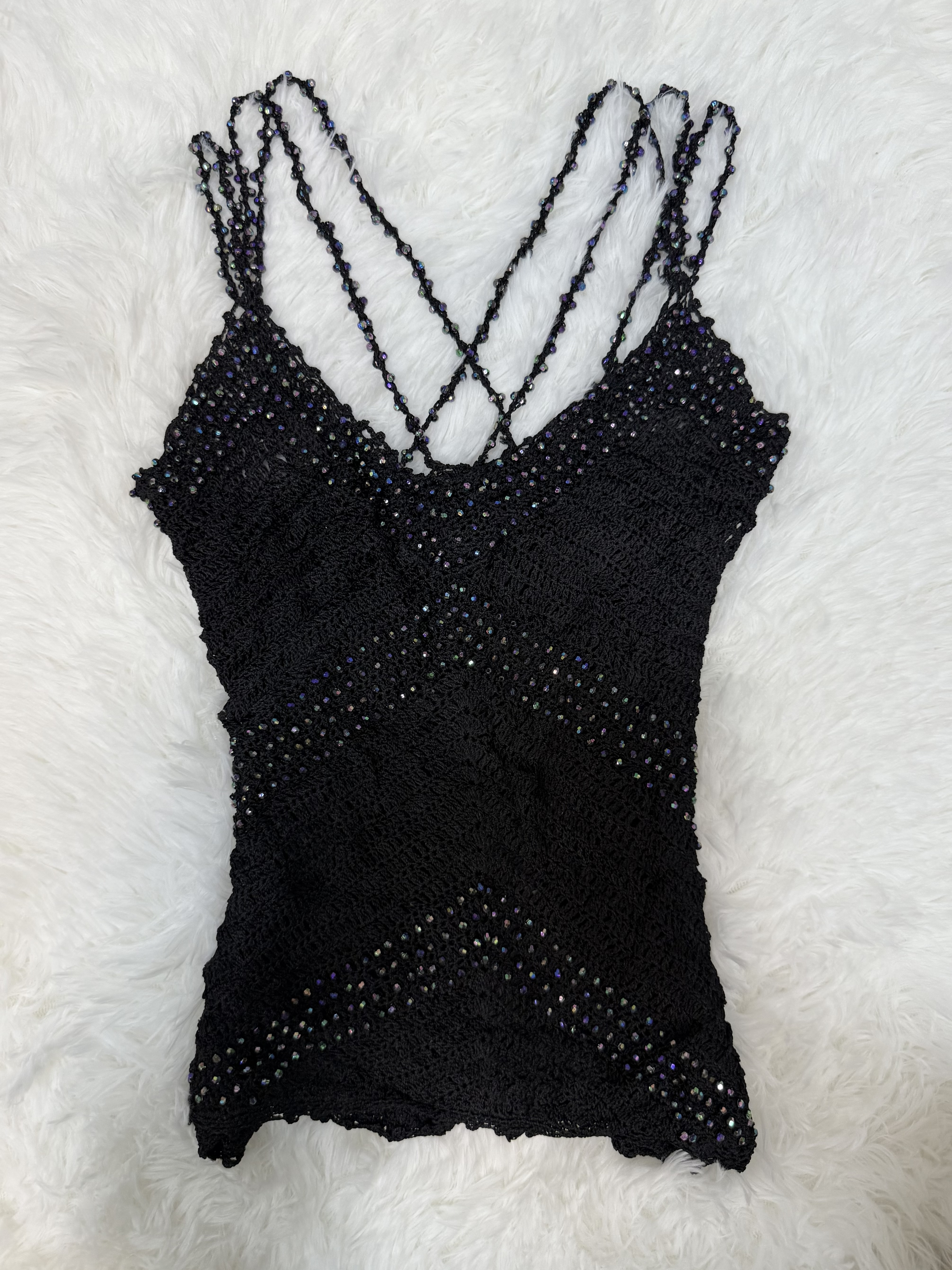 Black Rainbow Beaded Crochet Details Vest
