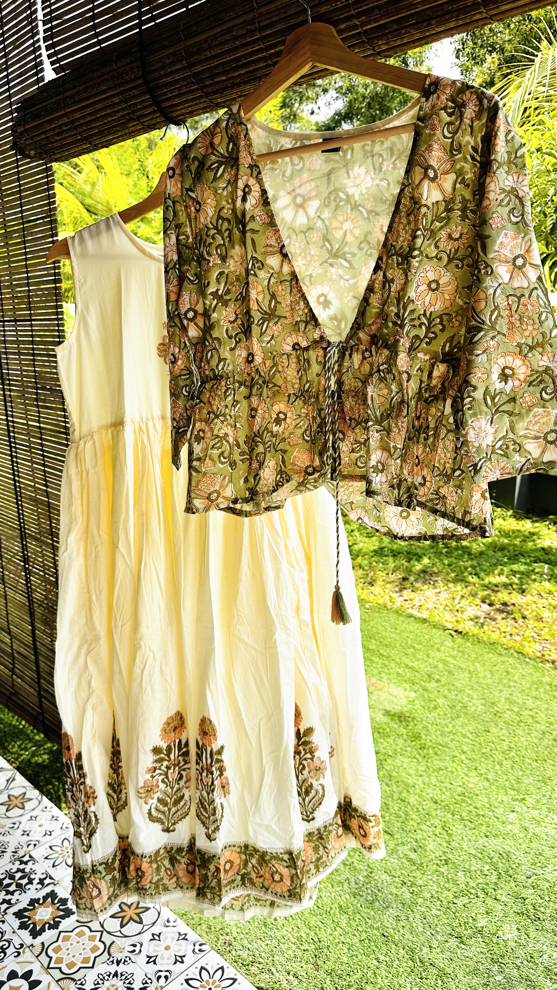 Light green floral Anarkali dress with Block print Jacket