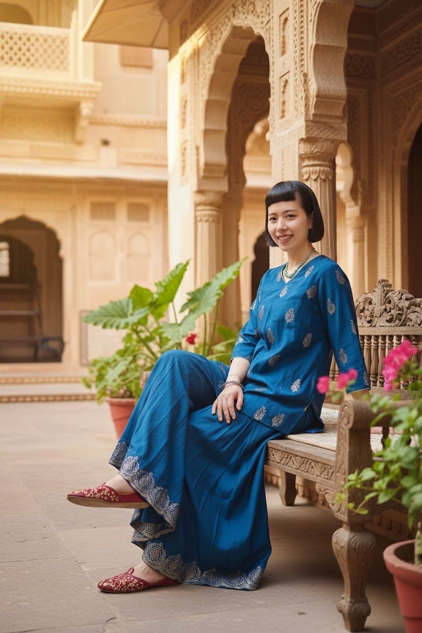 Navy Blue Sleeves Gold Top with Pants #1079