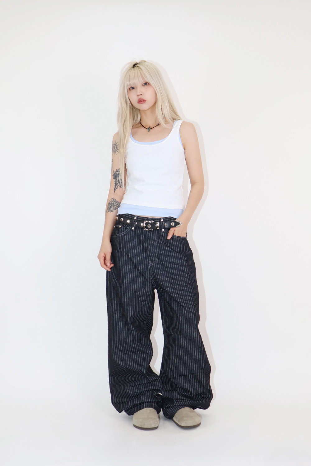 Studded Stripe Wide Denim Pants