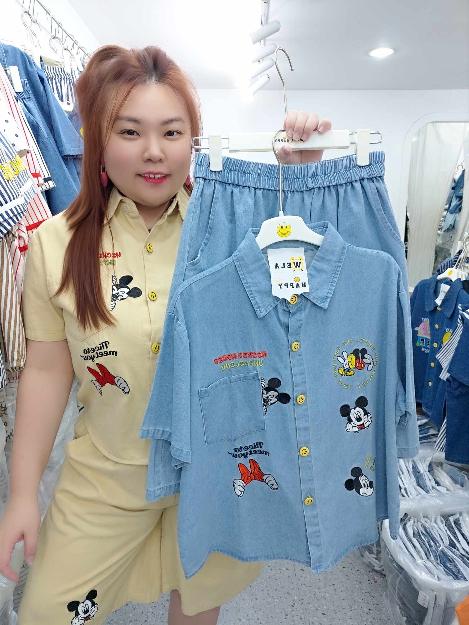 ENE09 米奇口袋刺绣牛仔五分裤套装