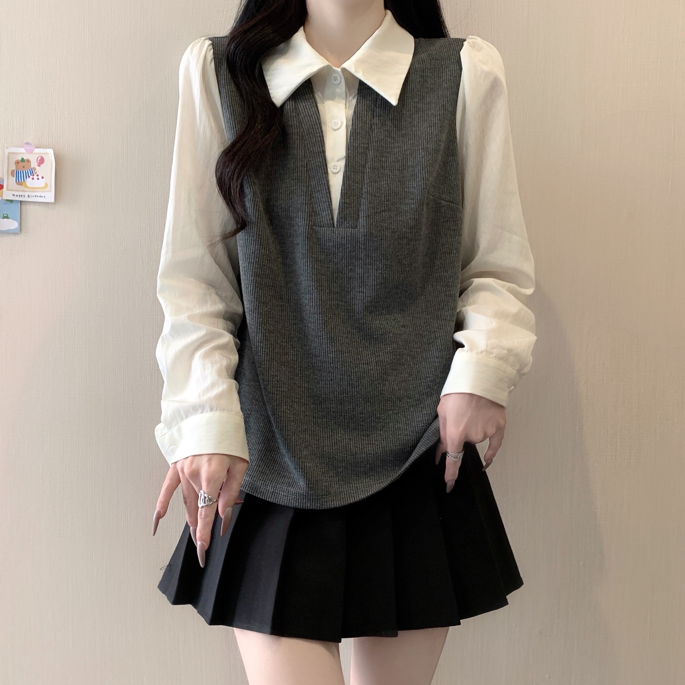 B52(80705) 韩系时尚撞色假两件拼接叠穿长袖衬衫灰蓝上衣