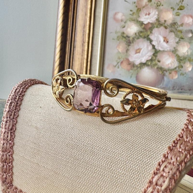 Early 20th Century Gold Filled Faceted Purple Glass Bangle / Hinged Bracelet (MT2307)