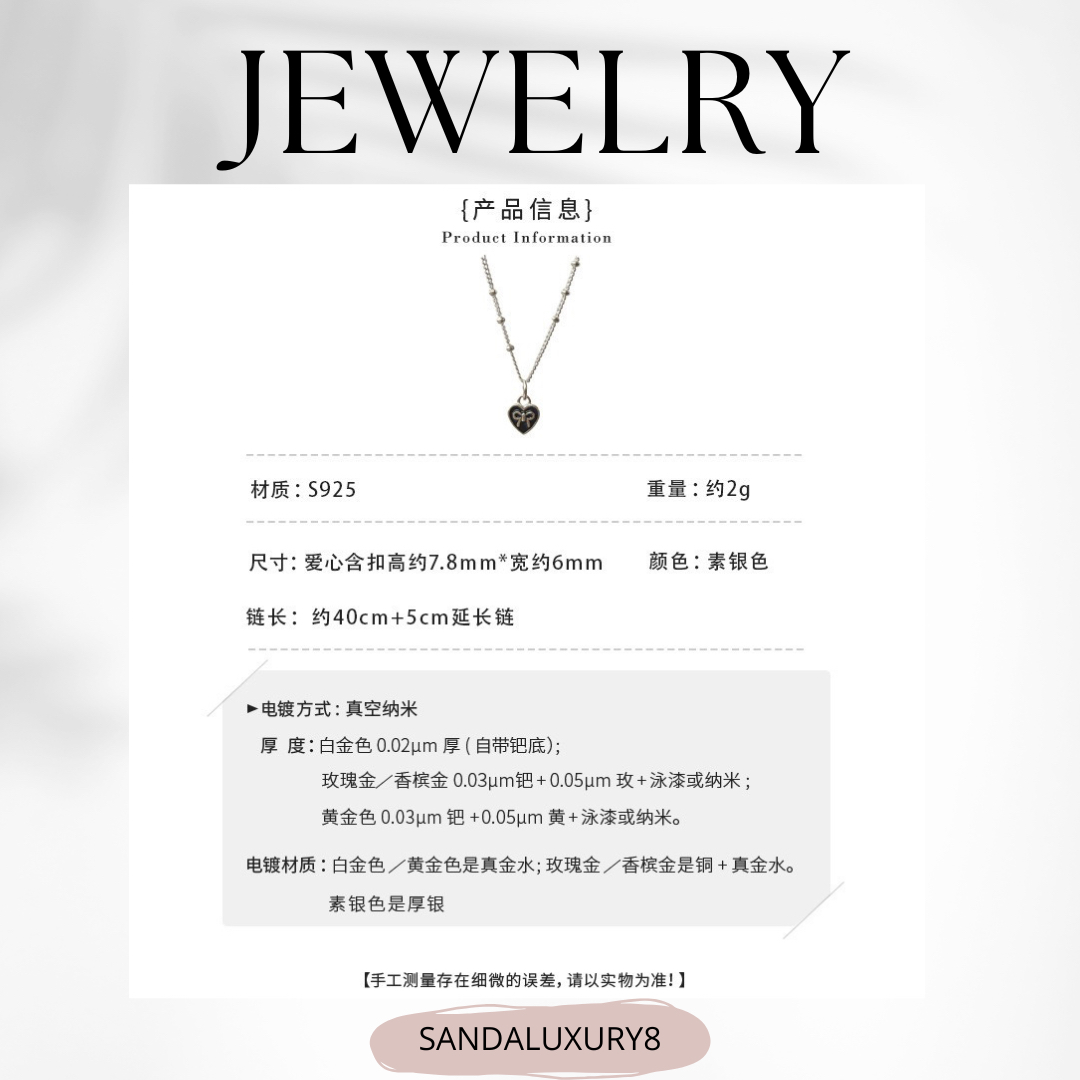 Silver chain necklace with black heart pendant  jewelry collection  SANDALUXURY8