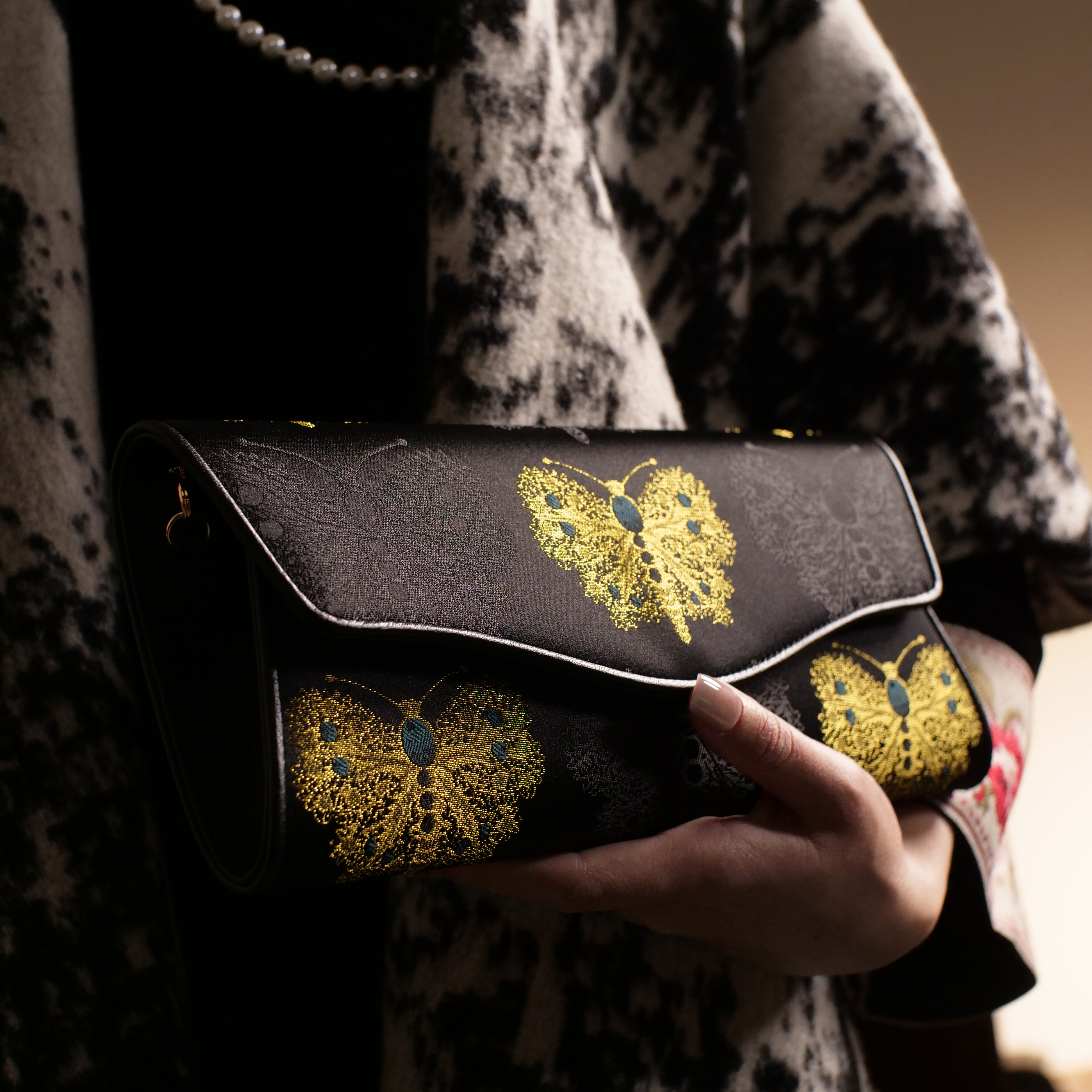 宋錦∞黑金綠蝴蝶牛皮手袋