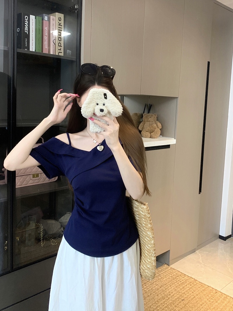 B133(A1813) 韩系爆款纯欲风交叉折边领单边露肩吊带5色上衣