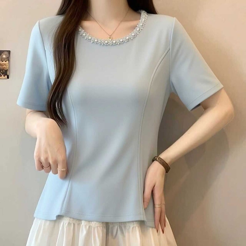 B224(36615) 韩系重工钉珠U领暗鱼骨纹4色上衣