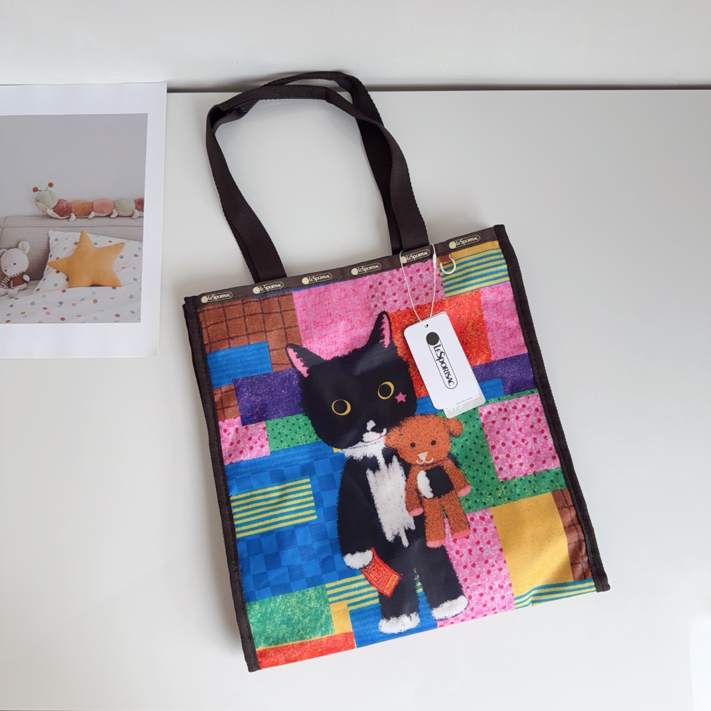 LeSportsac 藝術家聯名黑貓拼色托特袋