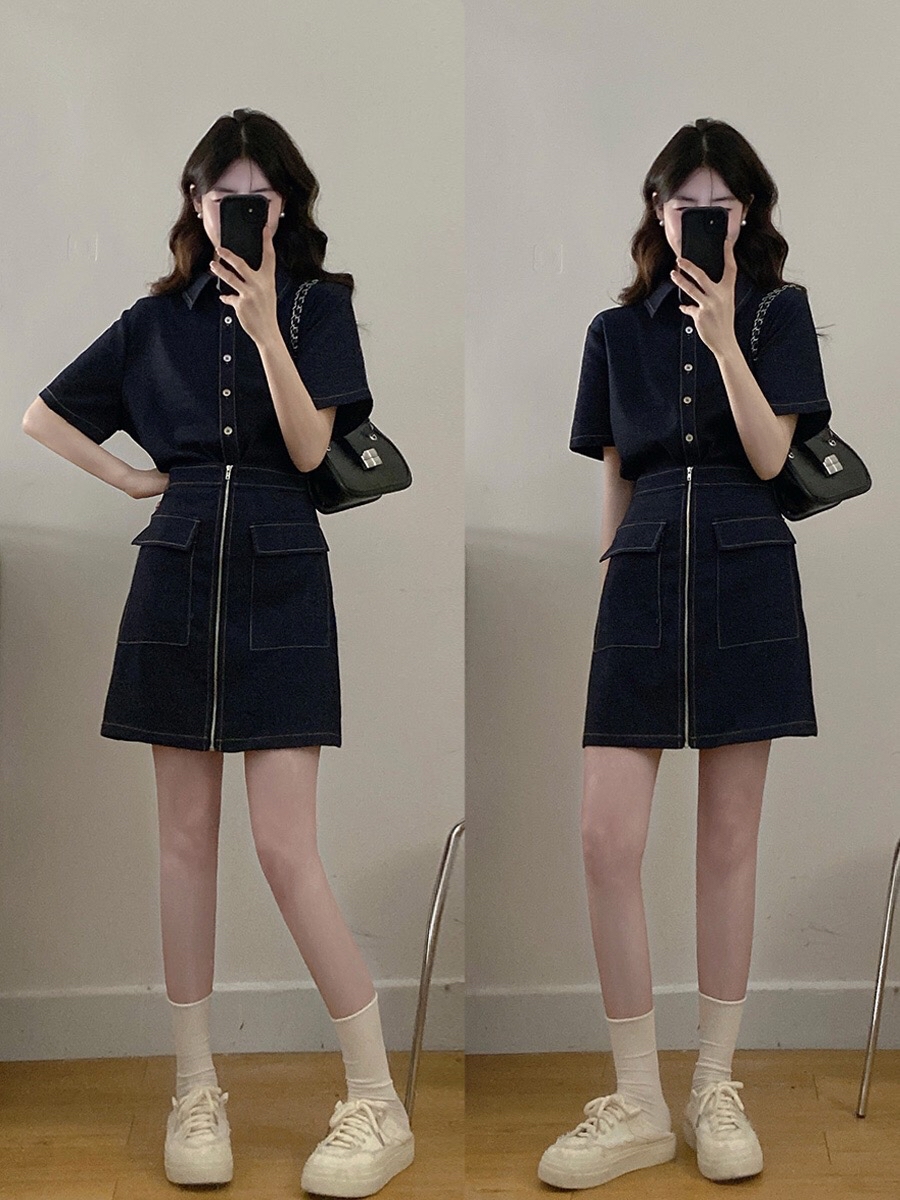 B86(3573) 韩版JEANS翻领假两件设计感拼下摆拉链双翻盖口袋蓝连身裙 