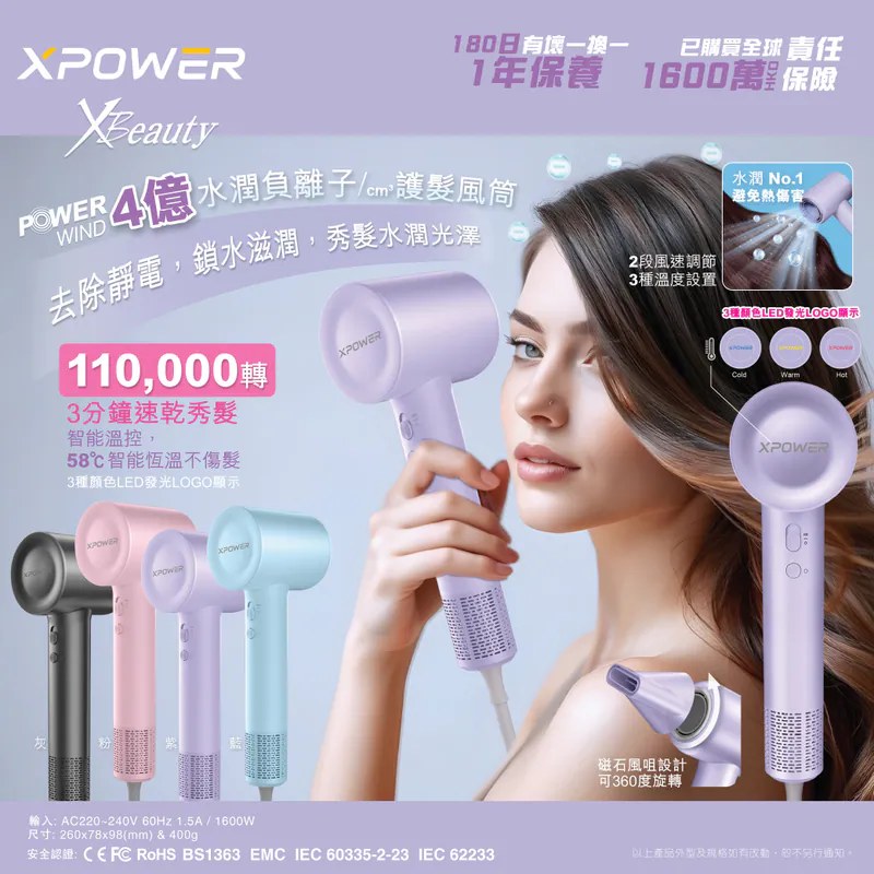 香港行貨 一年保養 XPower POWERWIND 智能4億+水潤負離子護髮速乾風筒 MS021