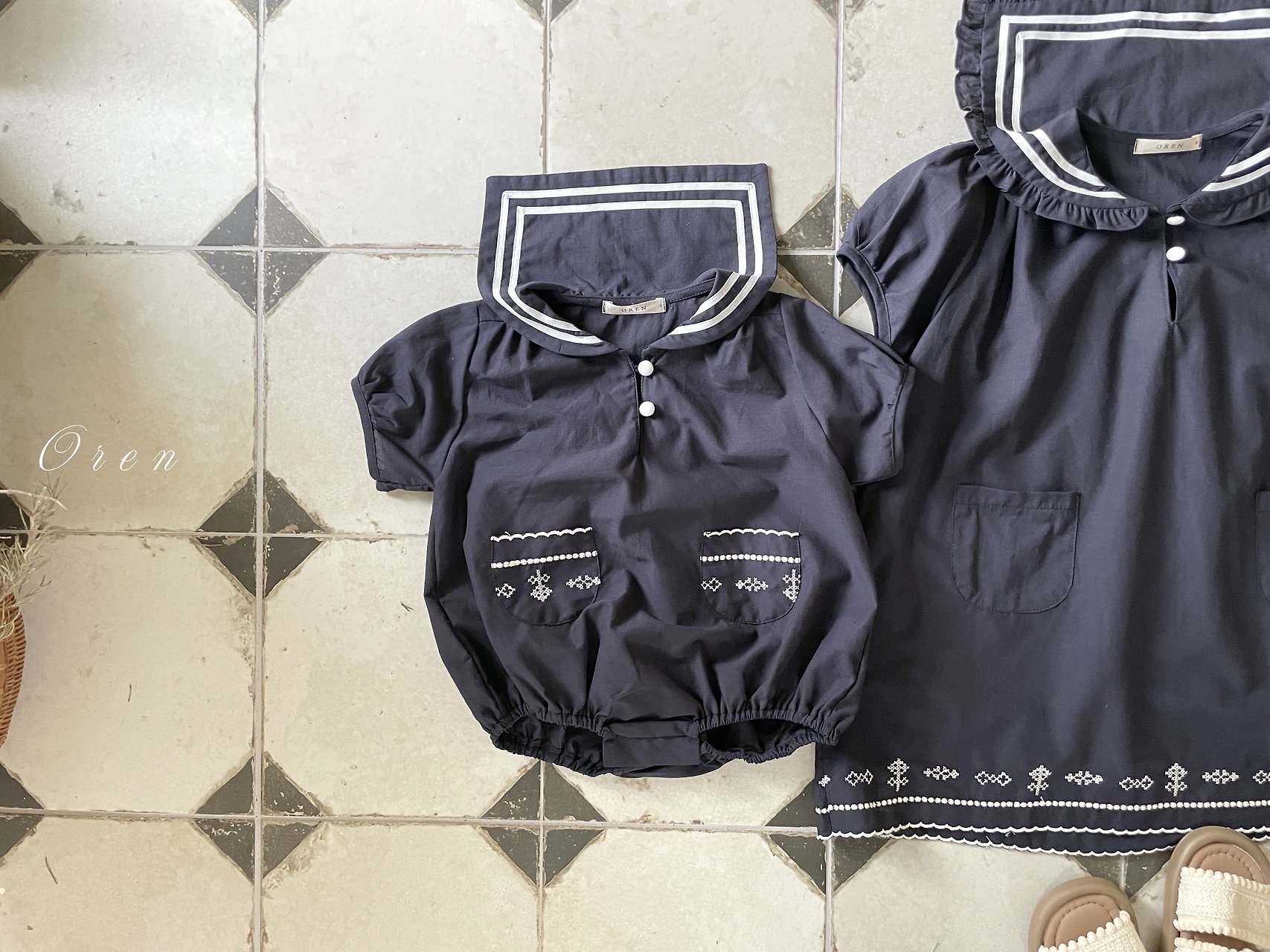 ☀️預訂 韓國直送☀️🇰🇷Oren Marinette兩色海洋風水手領刺繡短袖包屁衣/連身裙/上下套裝