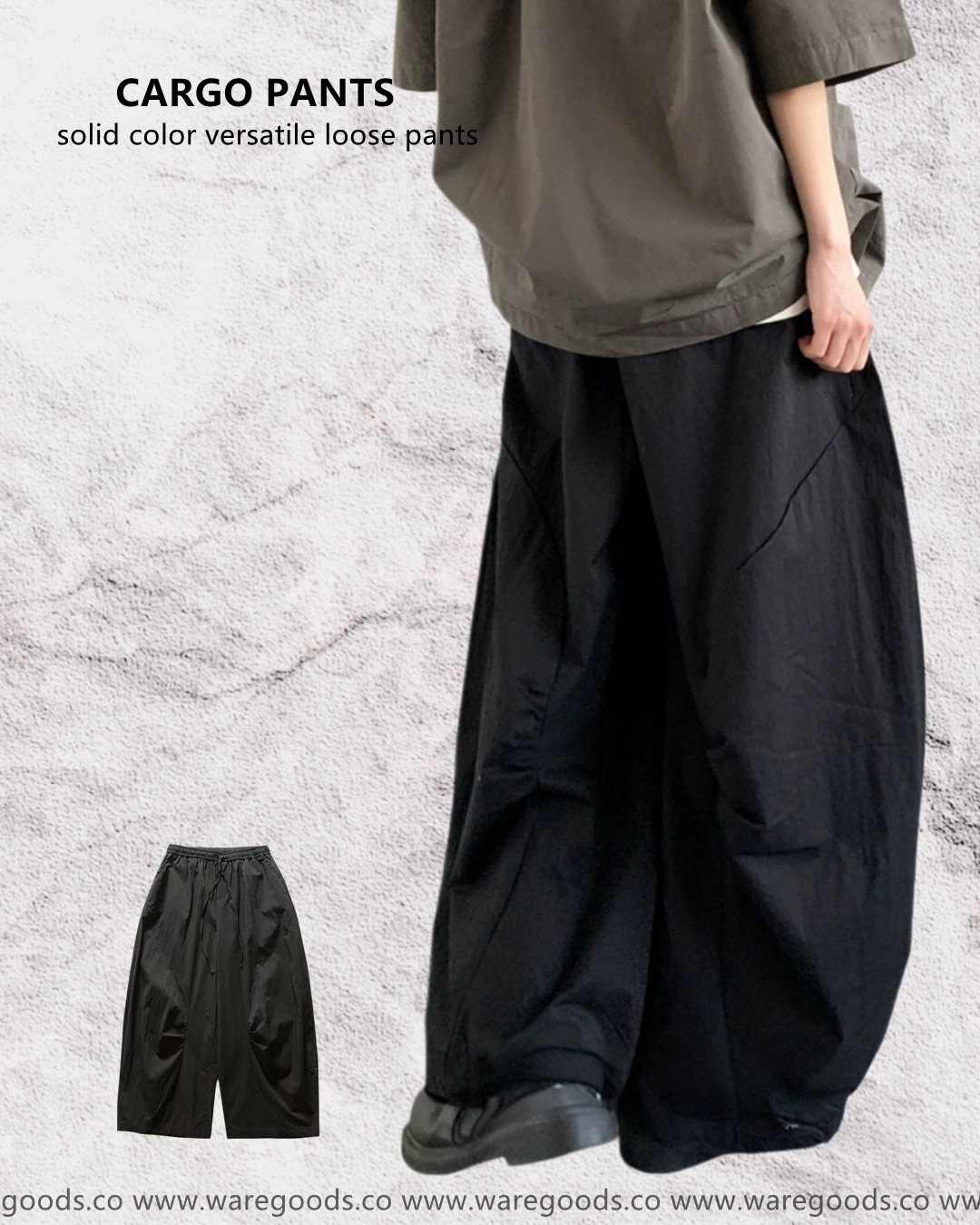 W6011鬆身闊腳純色工裝褲