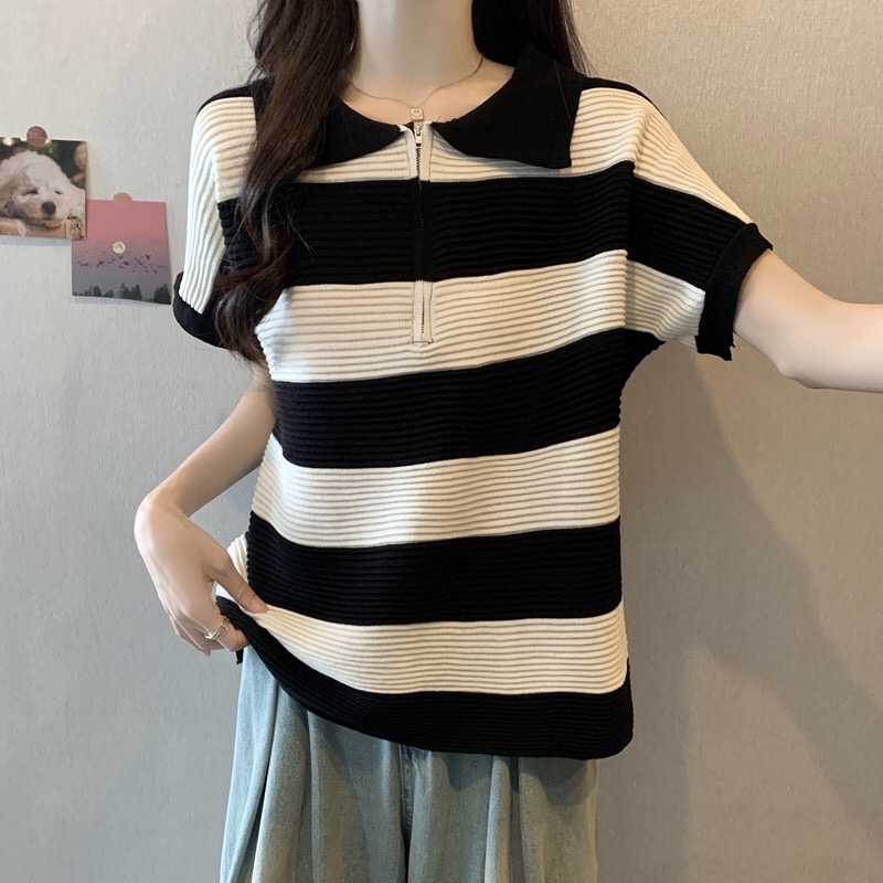 B135(942) 韩版洋气拉链翻领撞色横纹针织黑上衣 