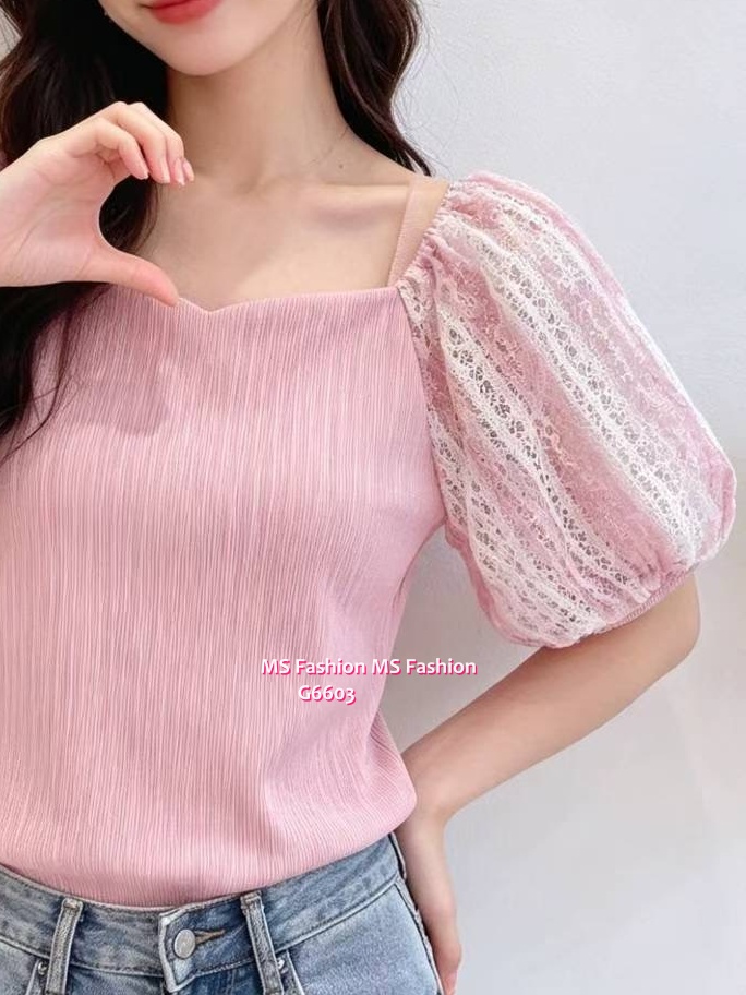 G6603 特色領通花泡泡袖top