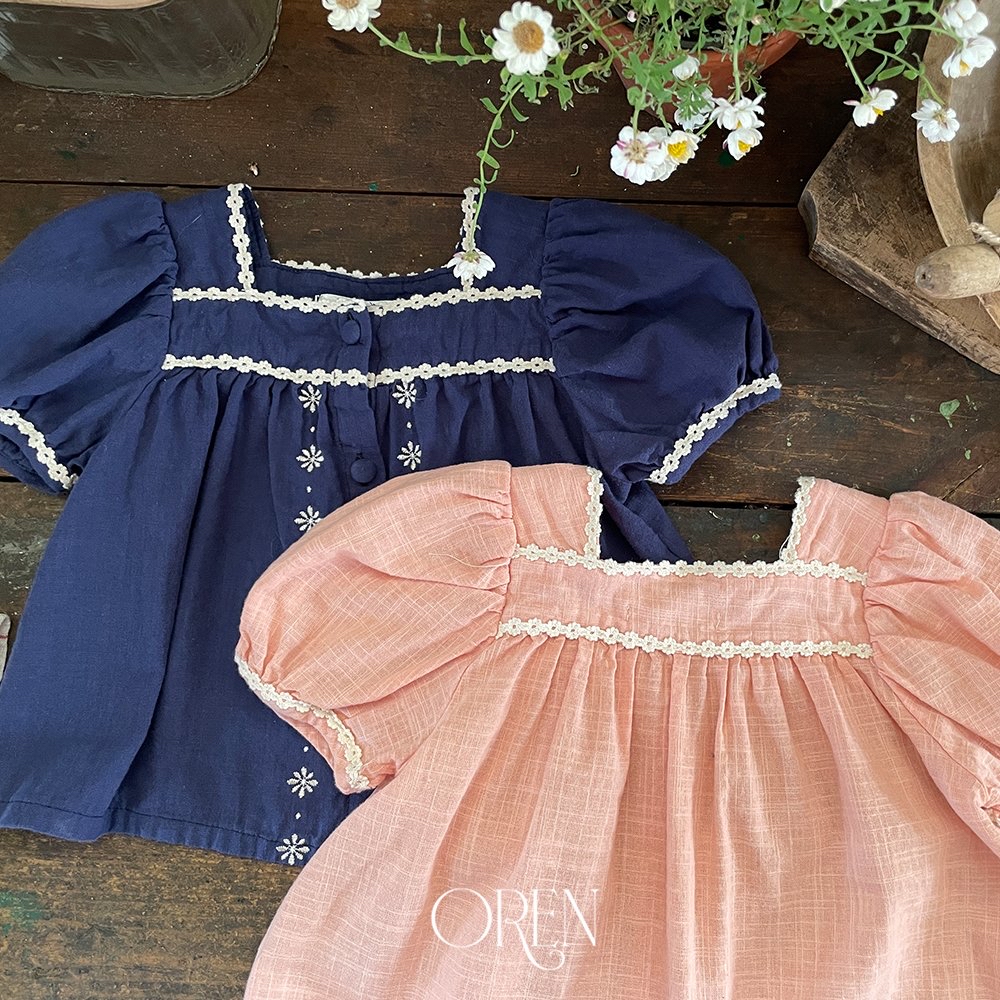 ☀️預訂 韓國直送☀️🇰🇷Oren Eloise兩色蕾絲花卉刺繡亞麻短袖襯衫