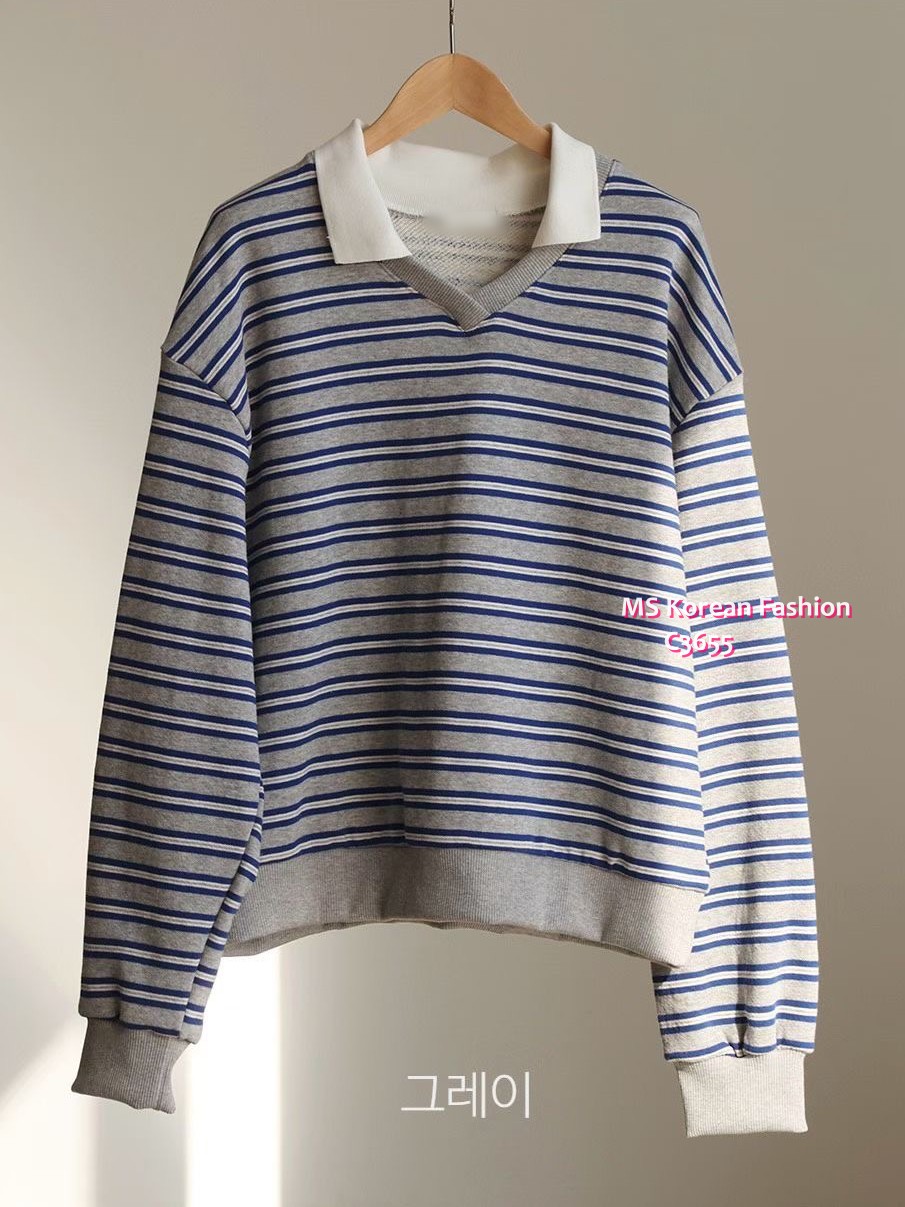 C3655 韓國🇰🇷靚色反領橫間top