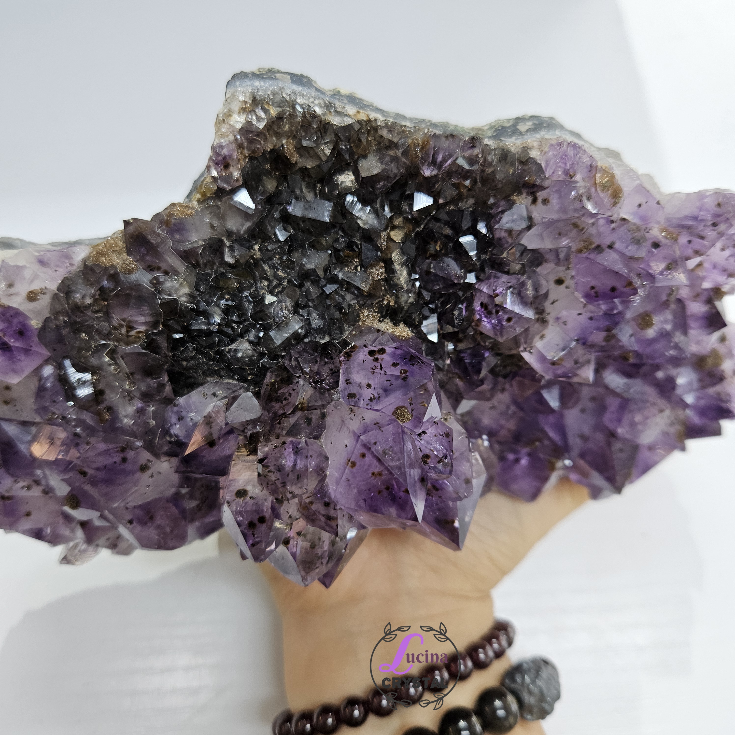 (Co#LC8556)紫鈦骨幹花水晶簇連木座/Elestial Amethyst Rutilated Flower Quartz Cluster w/wooden stand 