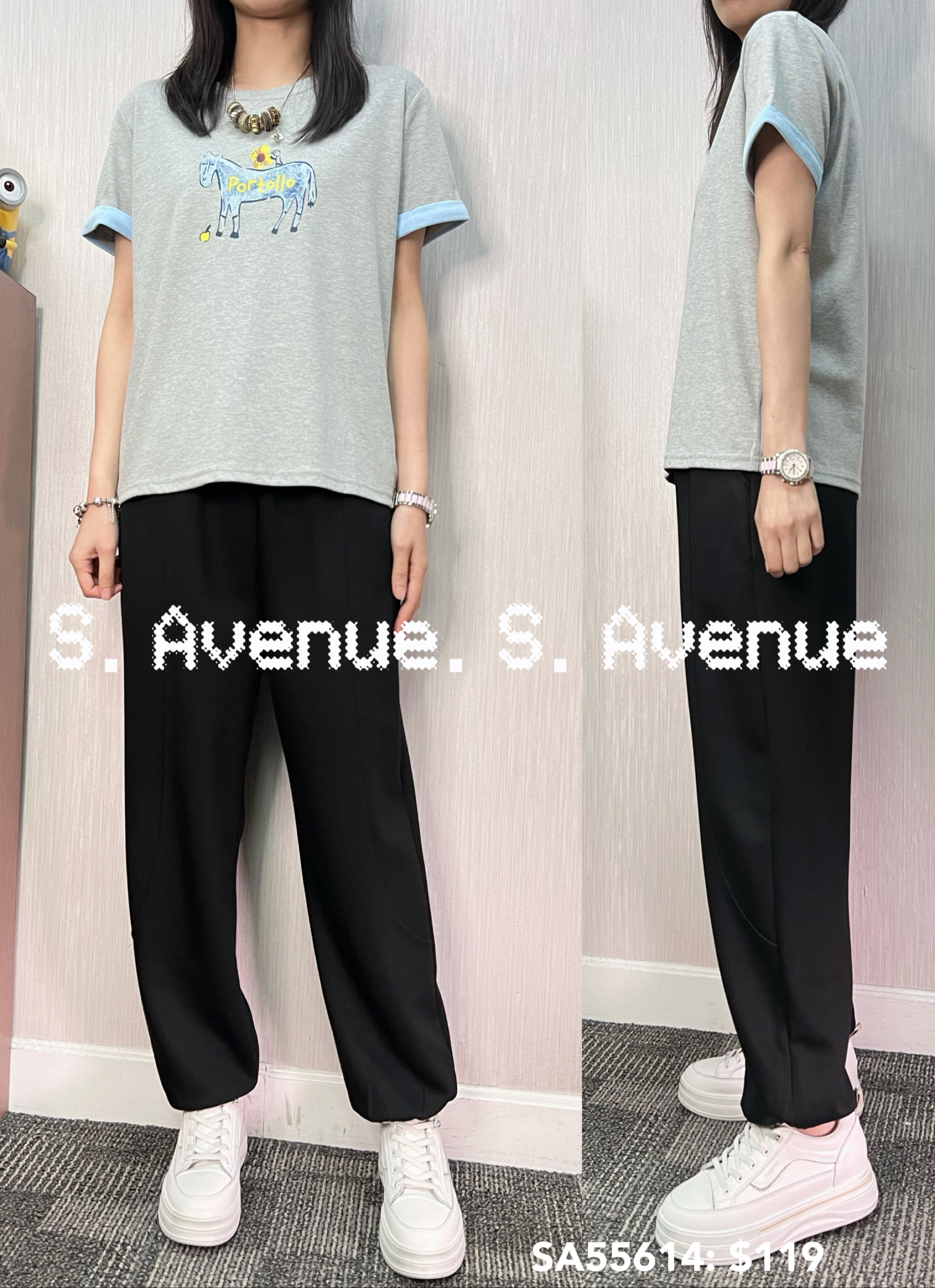 SA55614: 短袖撞色邊馬仔圖案tee