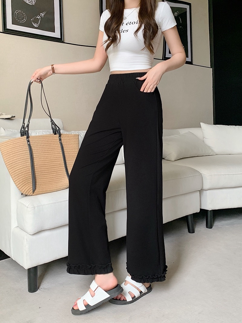 B146(24079) 韩版松紧腰休闲气质拼裤脚木耳边黑直筒长裤