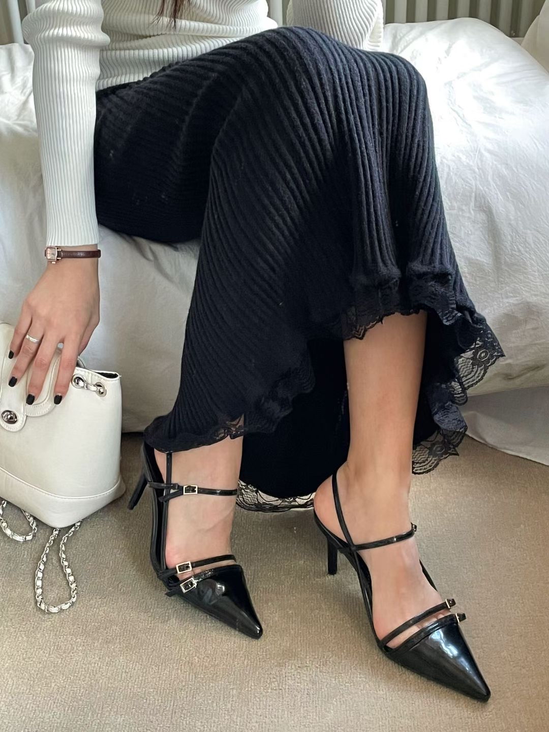 Elegant pointy straps heels