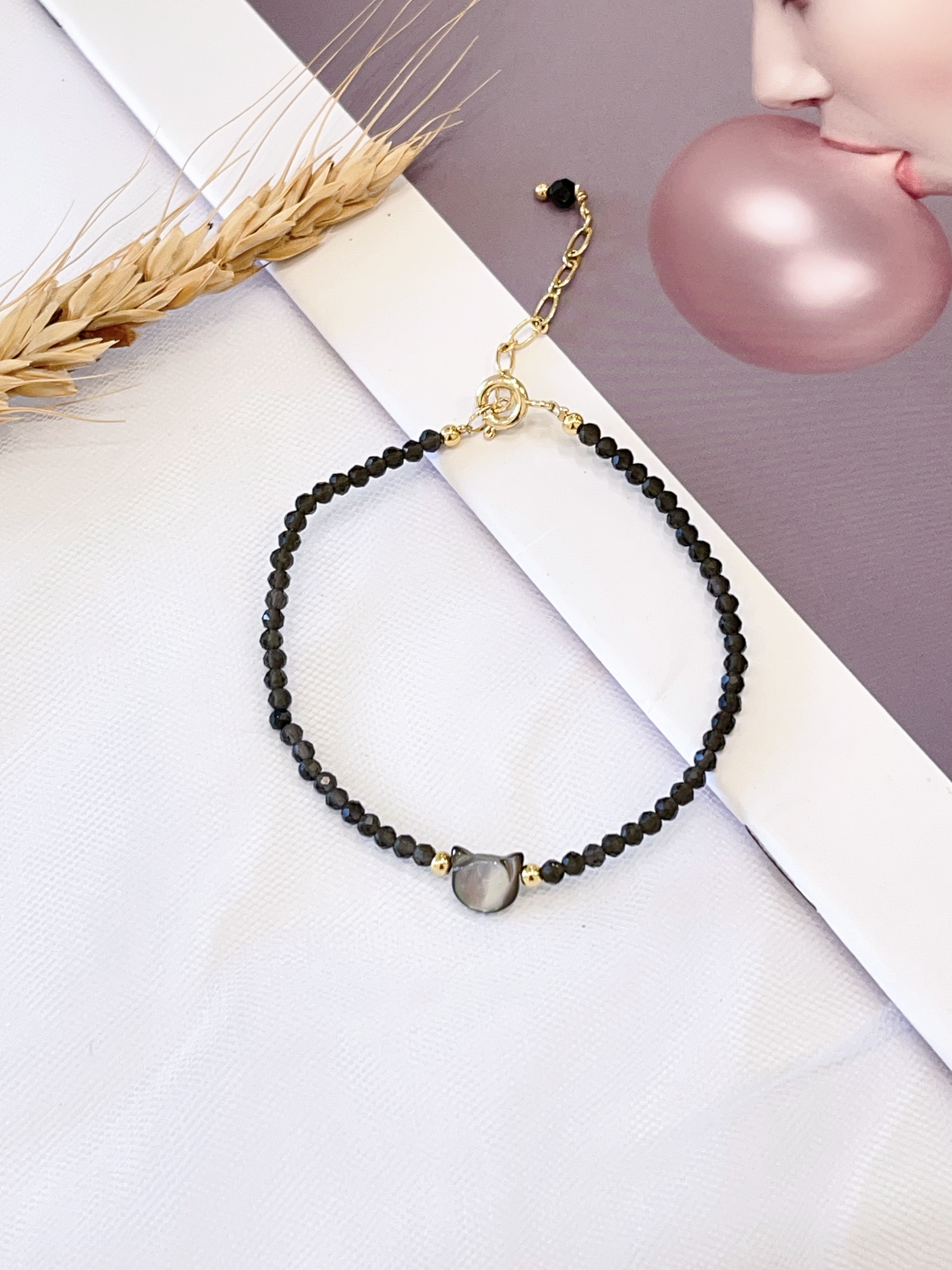 ⚫ 黑尖晶 × 银曜石小猫手串 Black Spinel & Silver Obsidian Cat Bracelet | 2mm