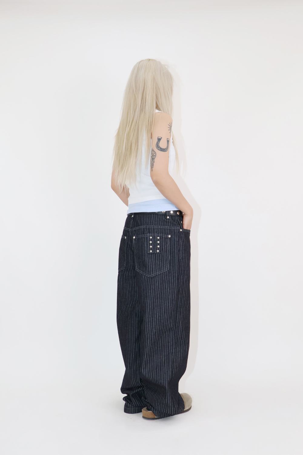 Studded Stripe Wide Denim Pants