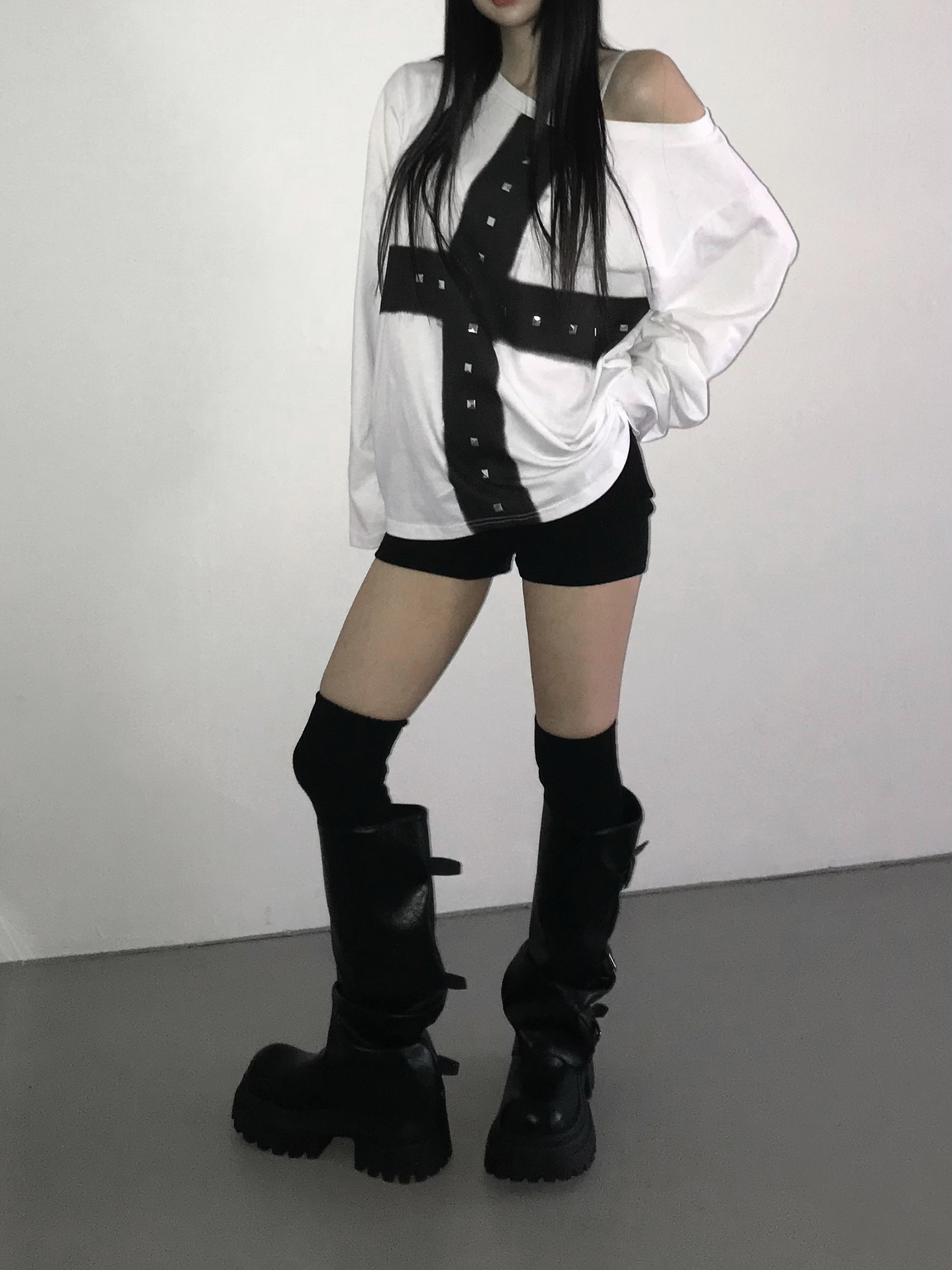 Off-Shoulder Cross Print Studded Long Sleeve