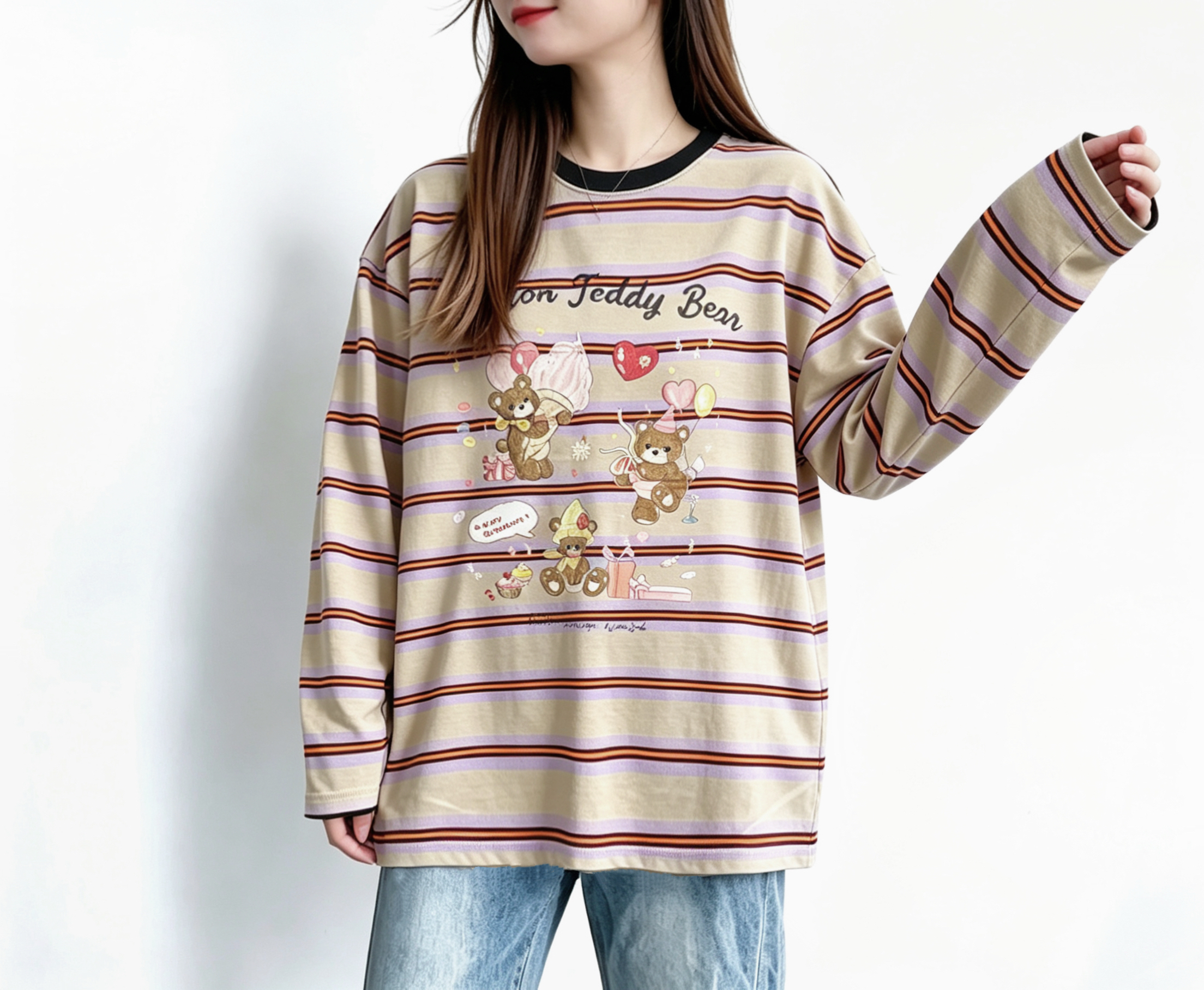 🍂初秋預訂✅ 撞色橫間熊熊print Top