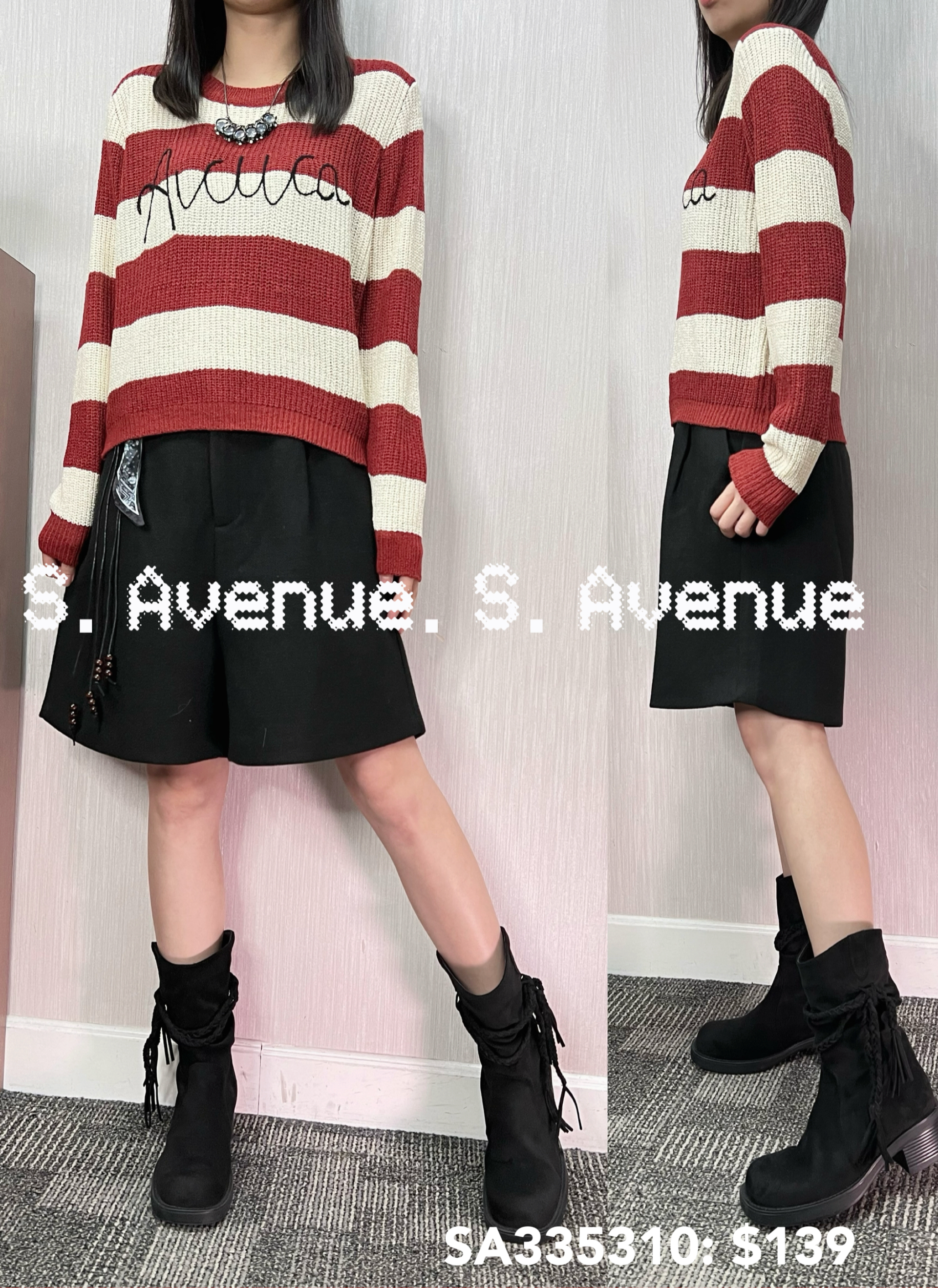 SA335310: 長袖間條繡英文字線冷top