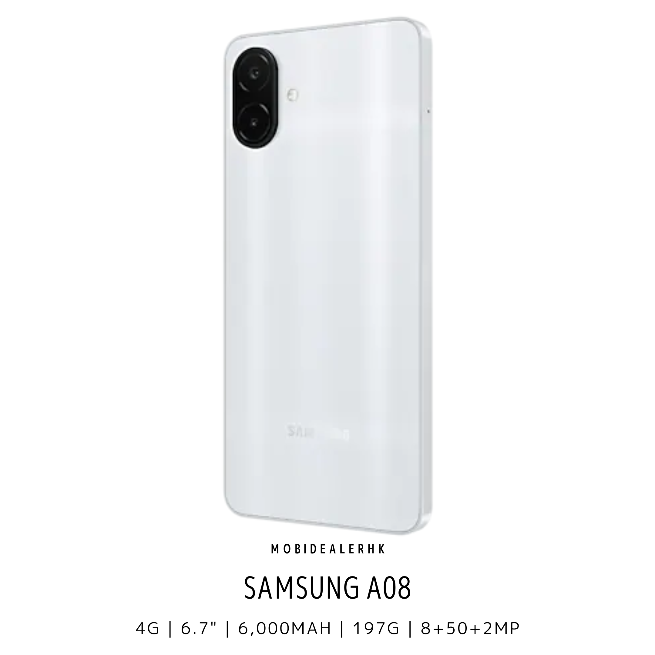 Samsung A08 | 三星 A08 | 4G | 智能手機 | 6.7 吋開闊大螢幕 | 6000mAh 超大電量續航 | 5000 萬像素主鏡頭 | 獨立三卡槽支援 2TB 擴充 | 8.0mm 纖薄手感