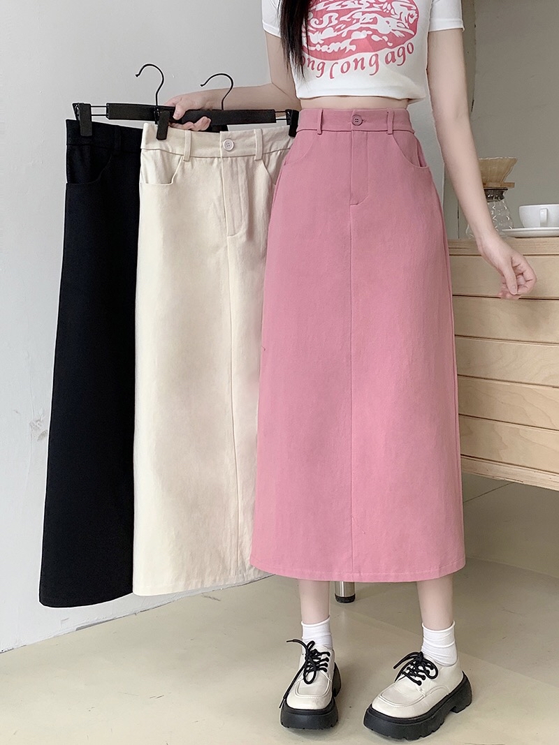 B384(18808) 韩系JEANS甜美风单钮高腰后开角3色长裙 