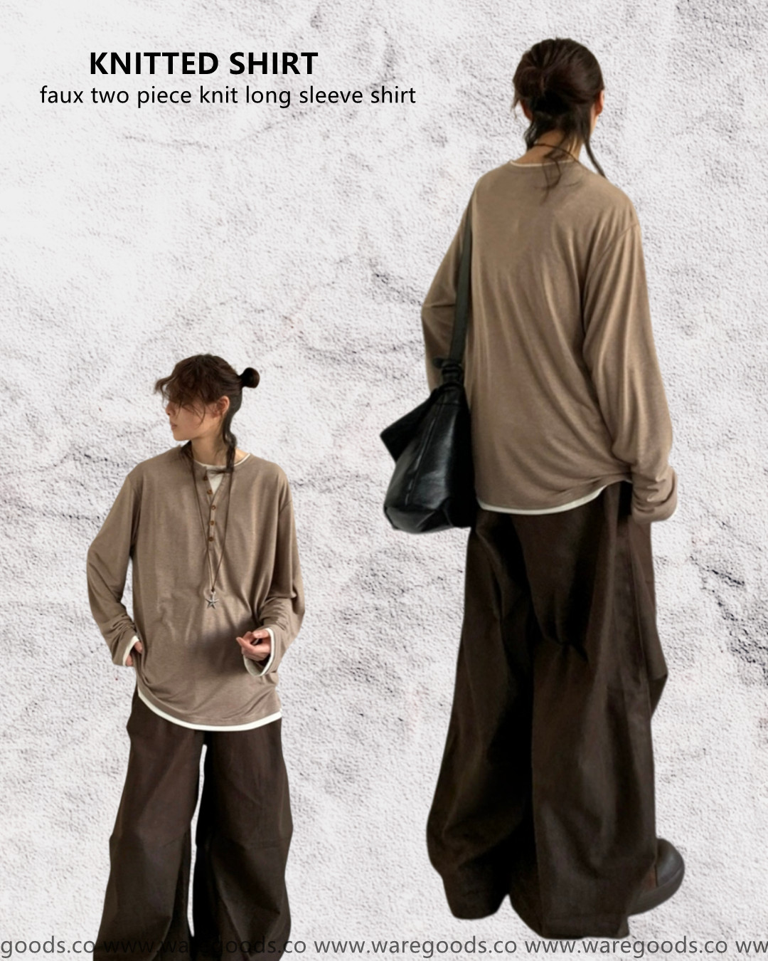 W35假兩件開胸長袖T恤