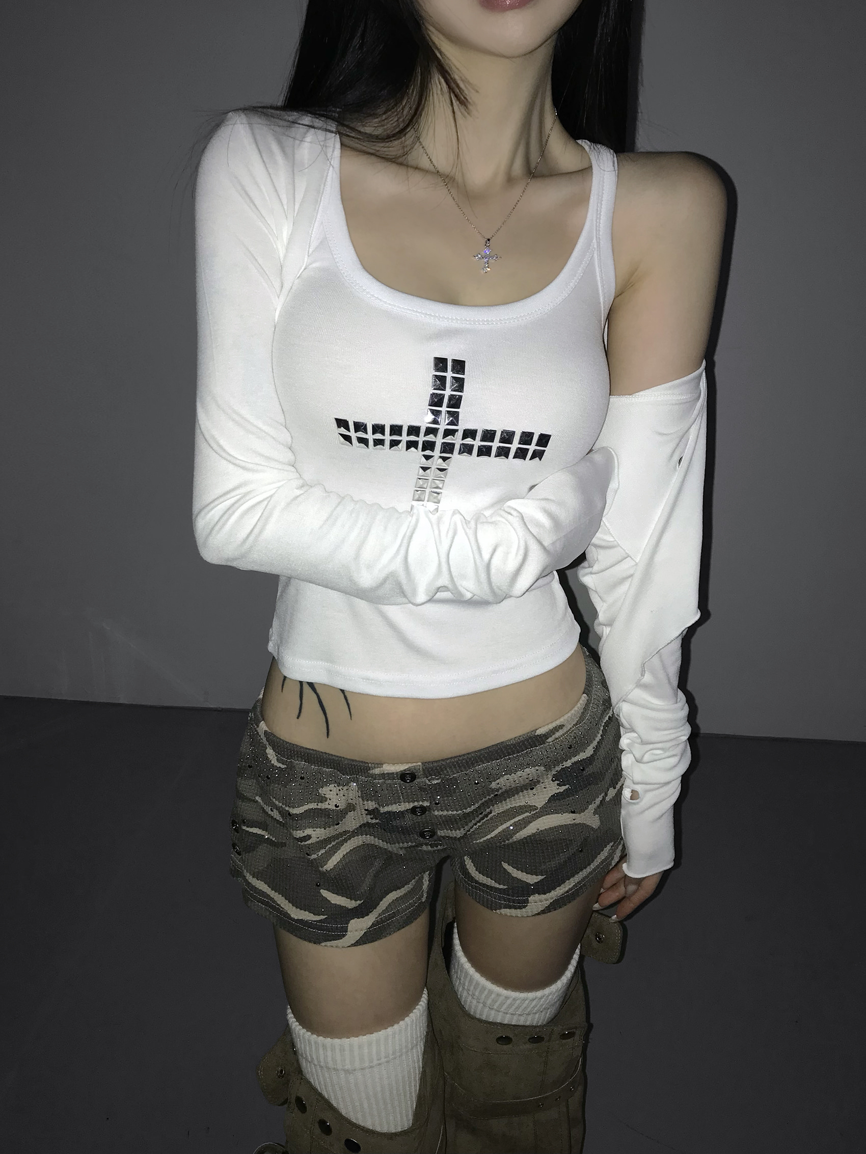 Waffle Knit Rhinestone Camo Shorts