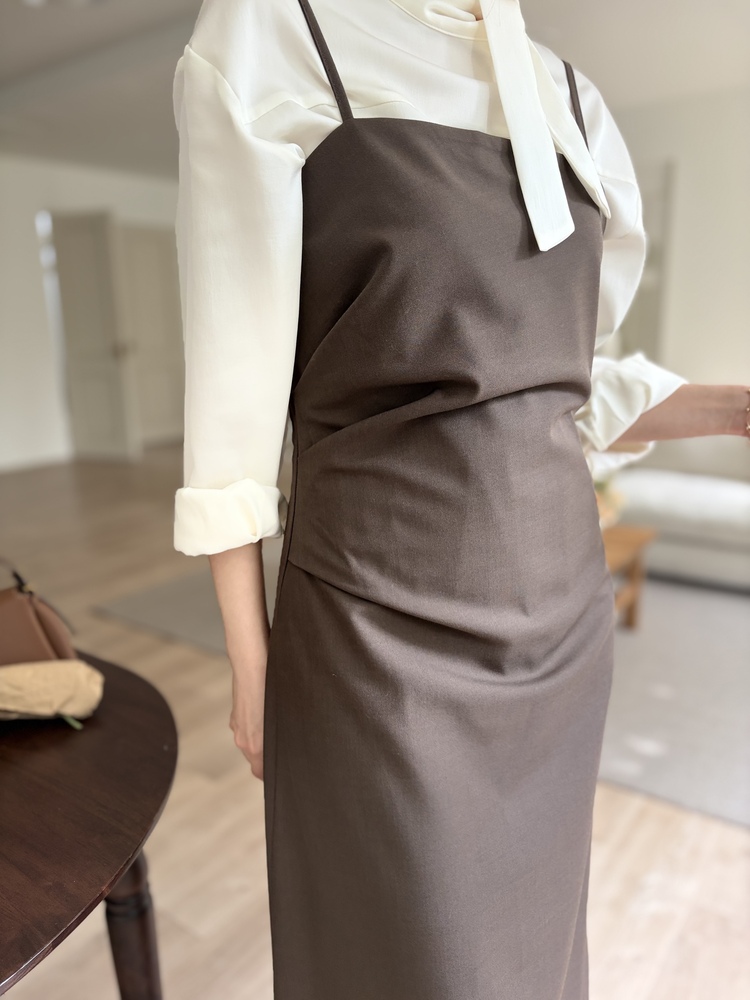 Gathered Adjustable Cami Dress (Brown)
